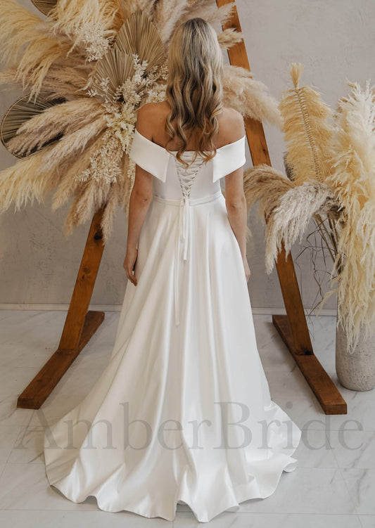 Simple A-Line Satin Wedding Dress with Off-Shoulder Sweetheart Neckline and Corset