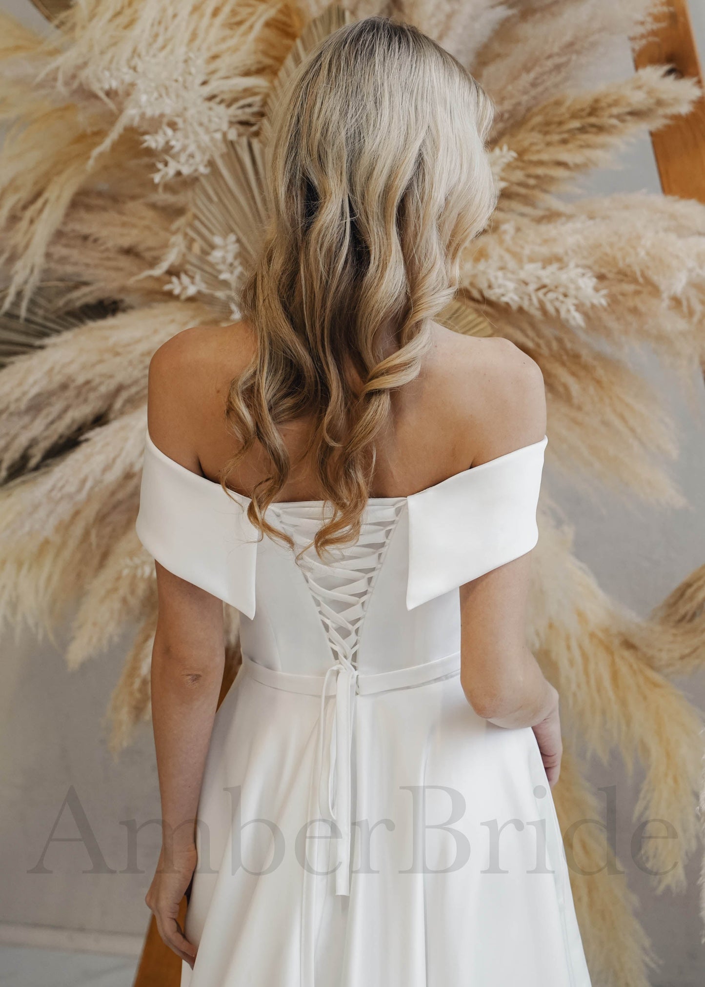 Simple A-Line Satin Wedding Dress with Off-Shoulder Sweetheart Neckline and Corset