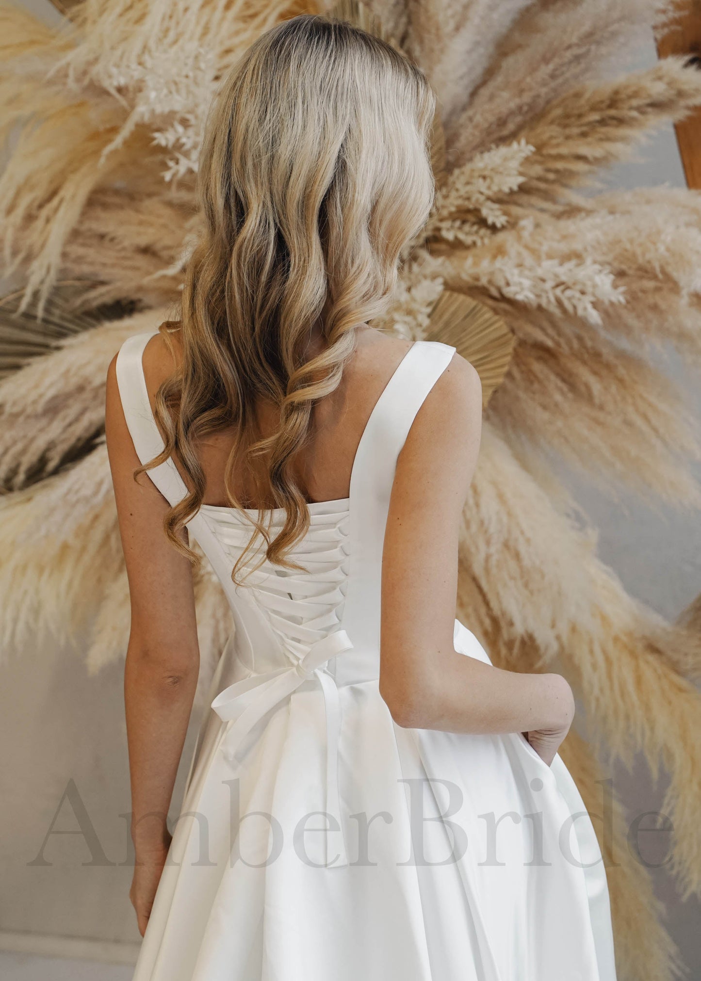 Minimalist A-Line Satin Wedding Dress with Square Neck and Slit