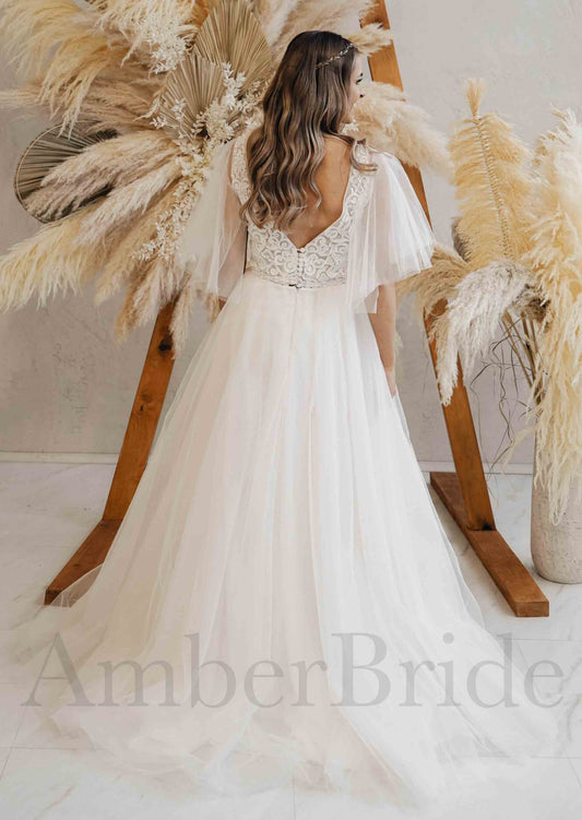 Boho A Line Wedding Dress with Flutter Sleeves and Deep V Lace Top