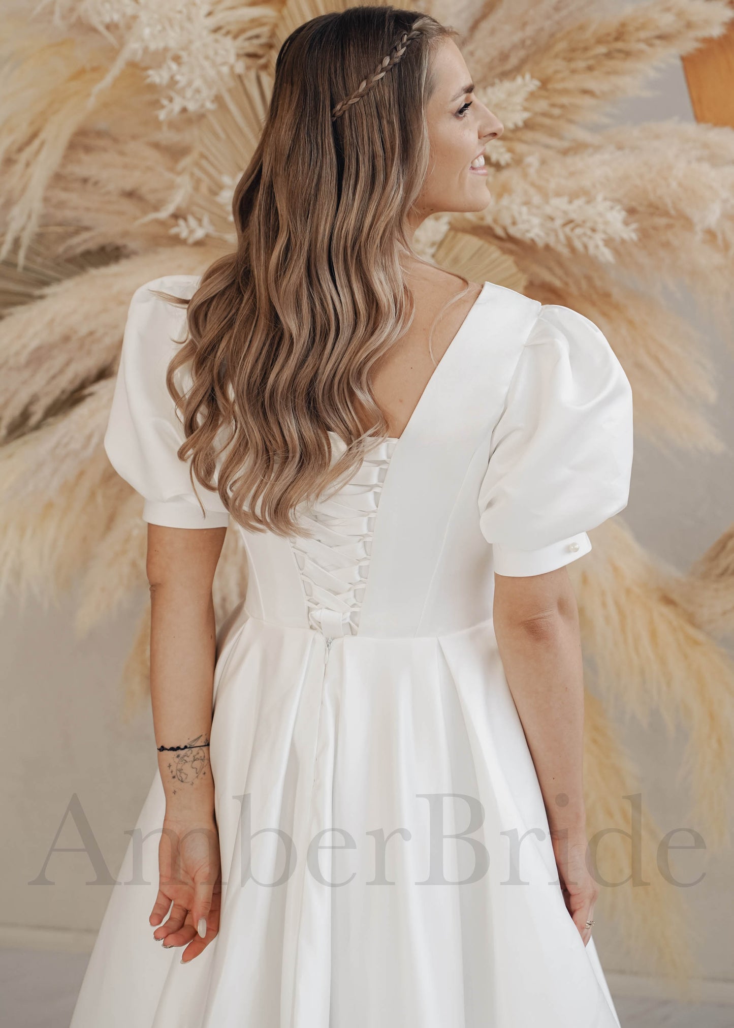 Classic A-Line Satin Wedding Dress with Puffy Half Sleeves and Corset
