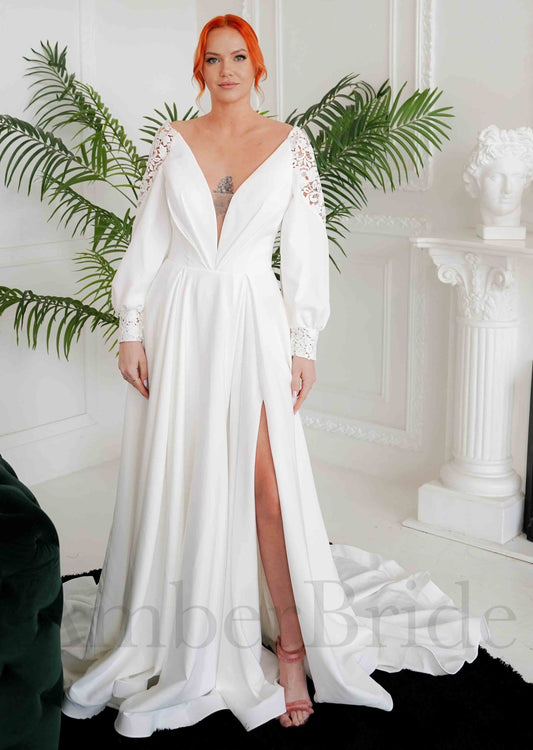 STOCK SELL-OUT: Boho A Line Satin Wedding Dress with Deep V-Neck