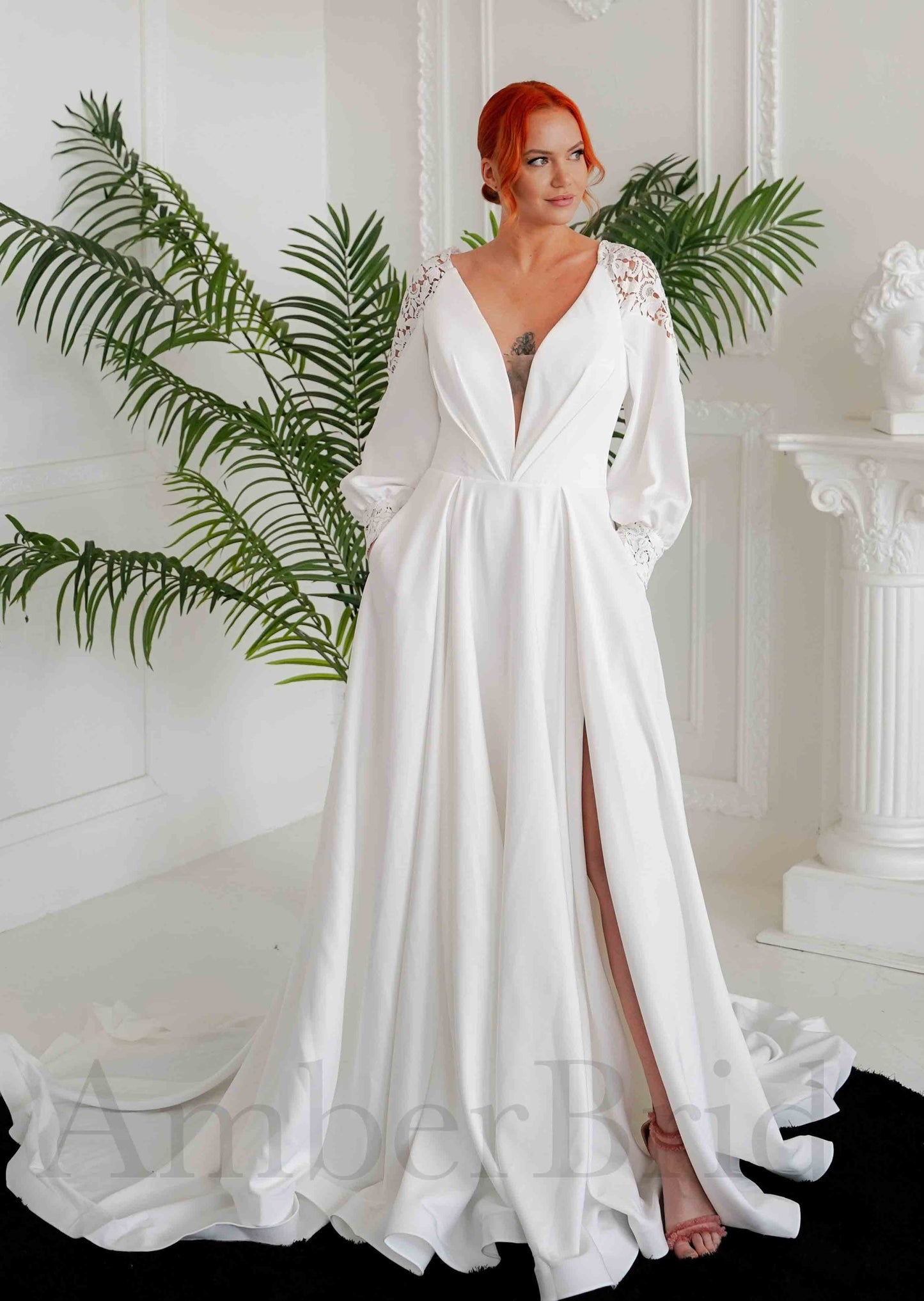 STOCK SELL-OUT: Boho A Line Satin Wedding Dress with Deep V-Neck