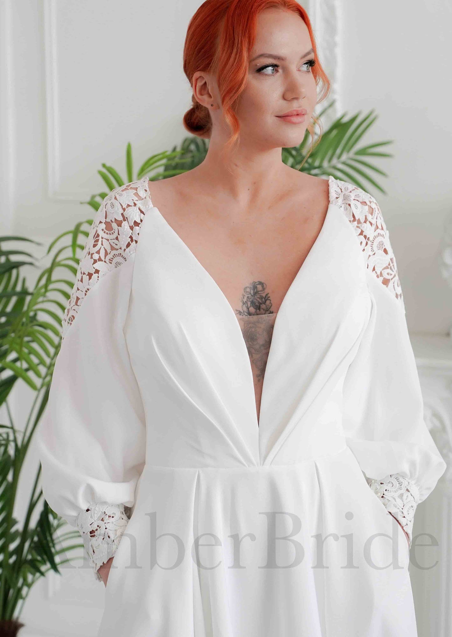 STOCK SELL-OUT: Boho A Line Satin Wedding Dress with Deep V-Neck