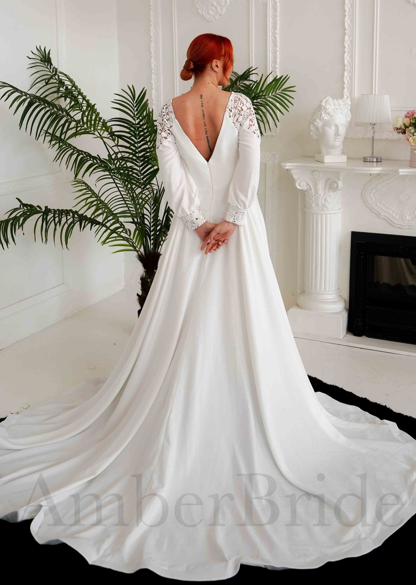 STOCK SELL-OUT: Boho A Line Satin Wedding Dress with Deep V-Neck