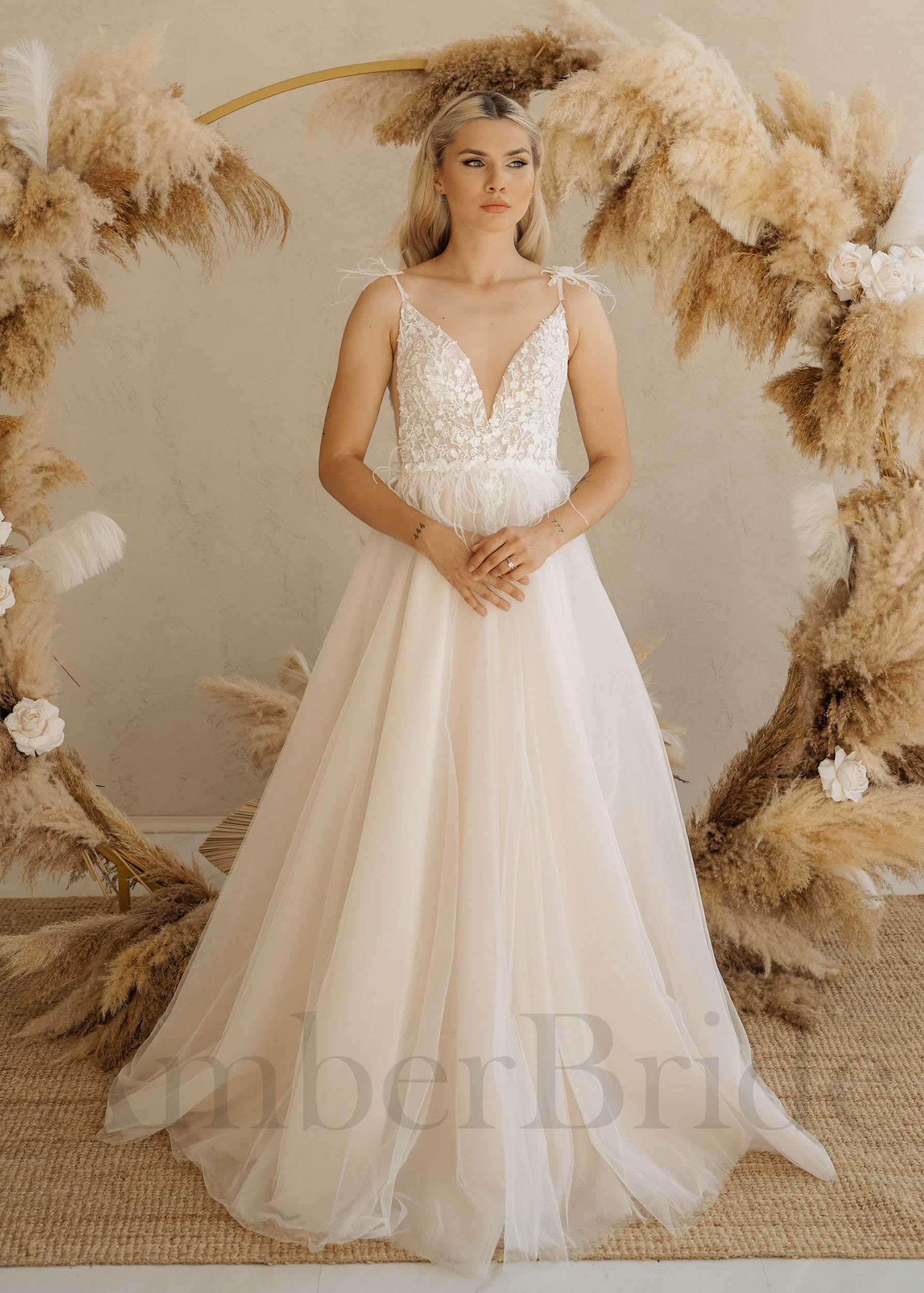 Floral Rustic A-Line Wedding Dress with Feathers | AmberBride Floral Rustic A-Line Wedding Dress with Feathers | AmberBride