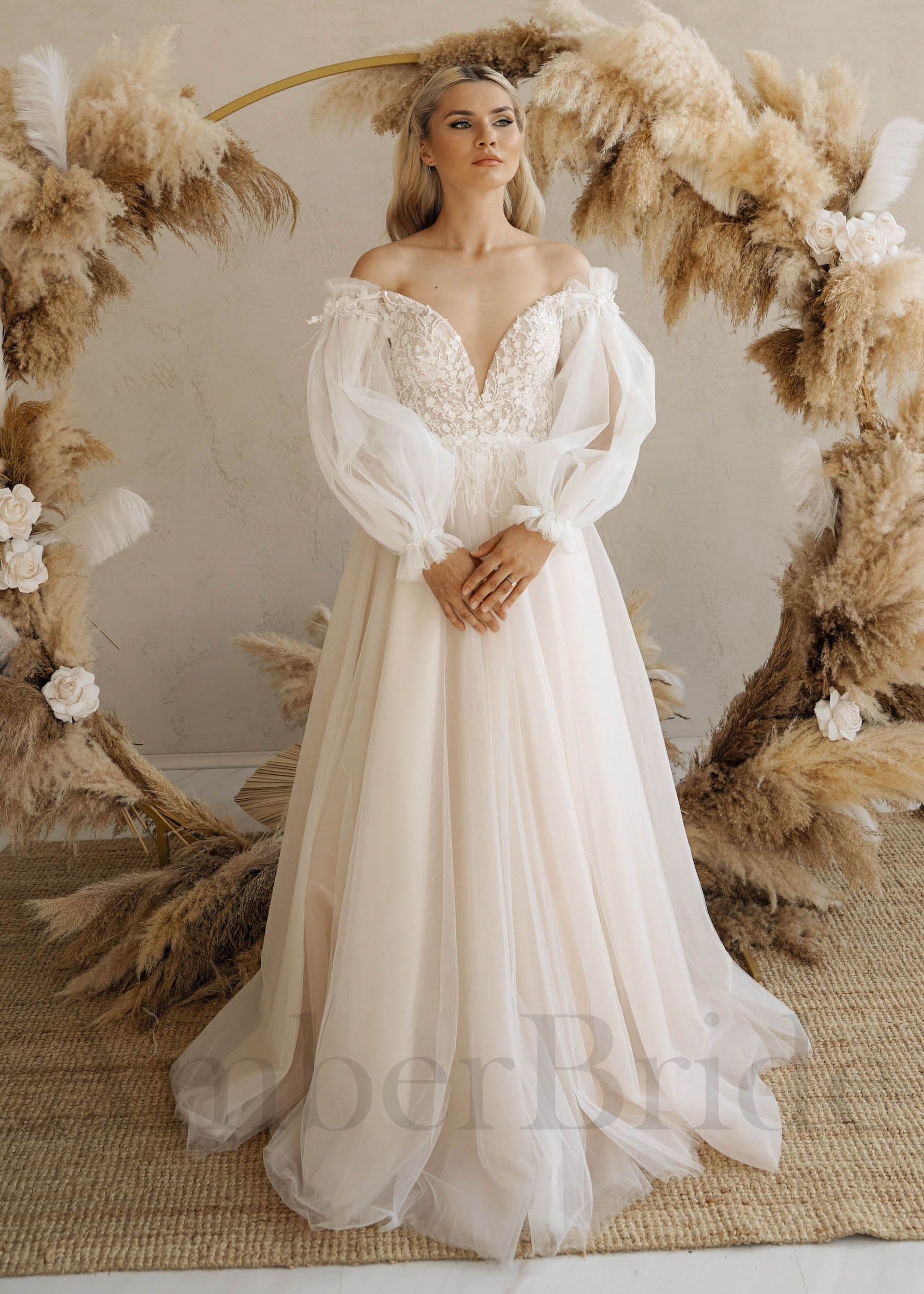 Rustic A-Line Tulle Wedding Dress with Bishop Sleeves, Illusion Back and  Flower Appliques