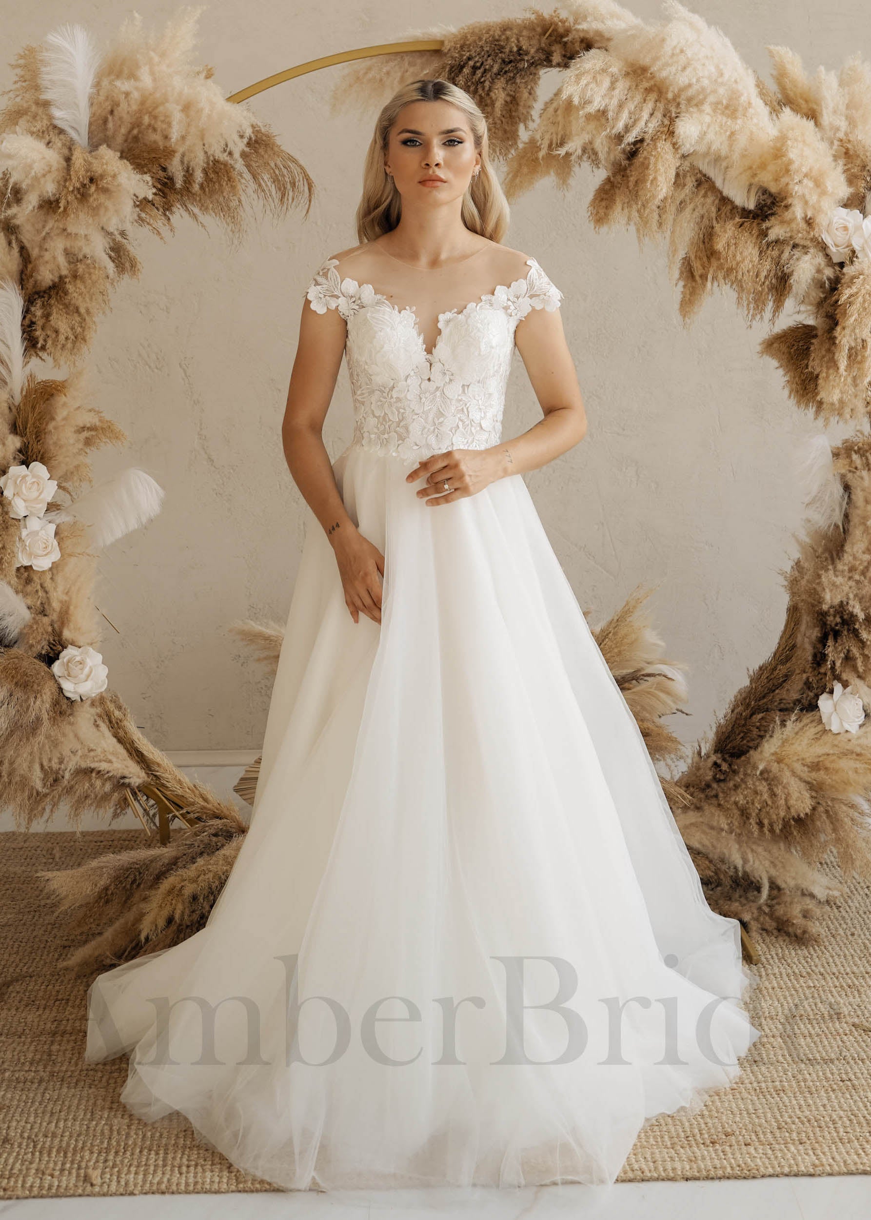Rustic A-Line Tulle Wedding Dress with Floral Illusion | AmberBride Rustic A-Line Tulle Wedding Dress with Floral Illusion | AmberBride