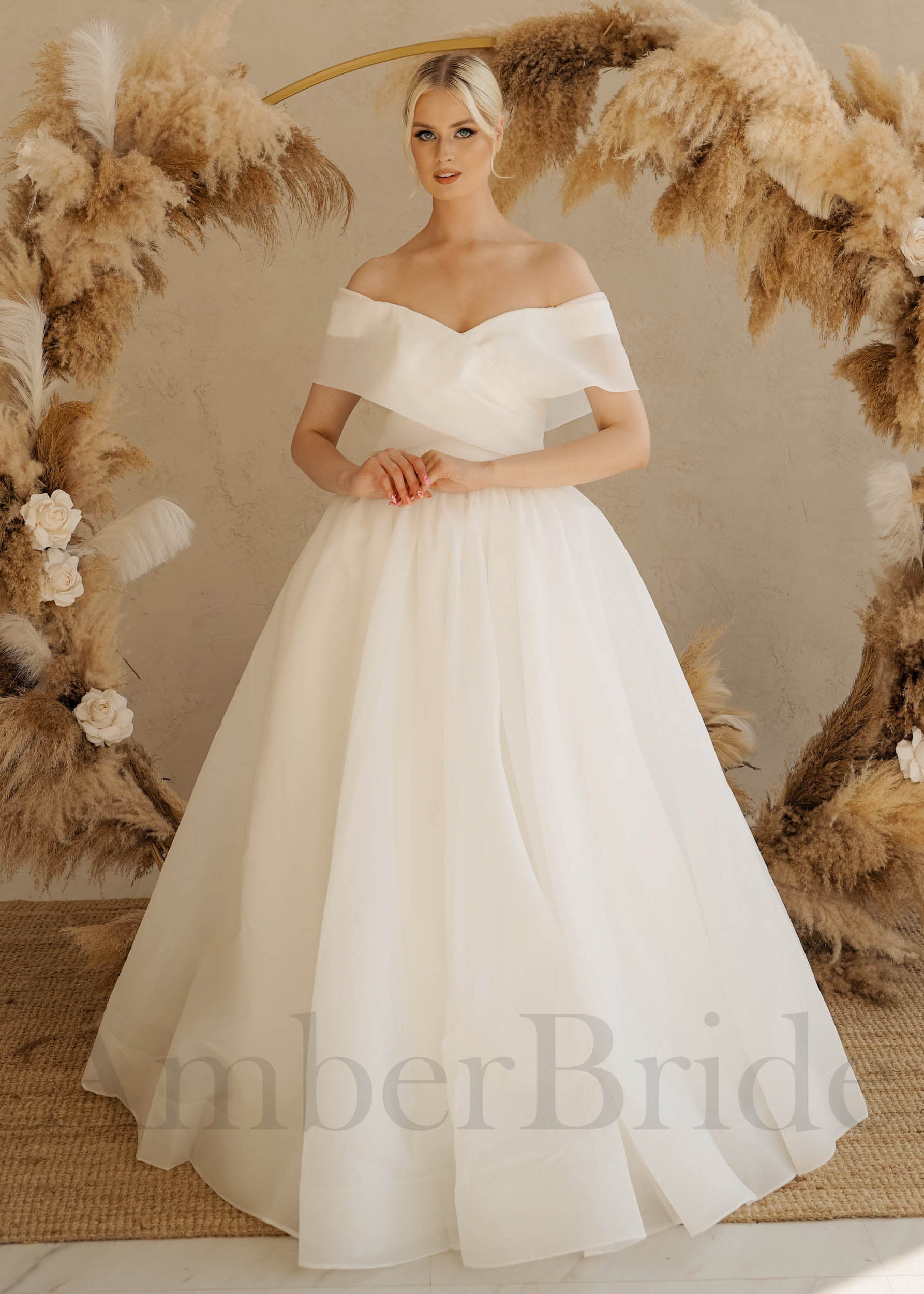 Simple Ball Gown Organza Wedding Dress with Off Shoulder Design