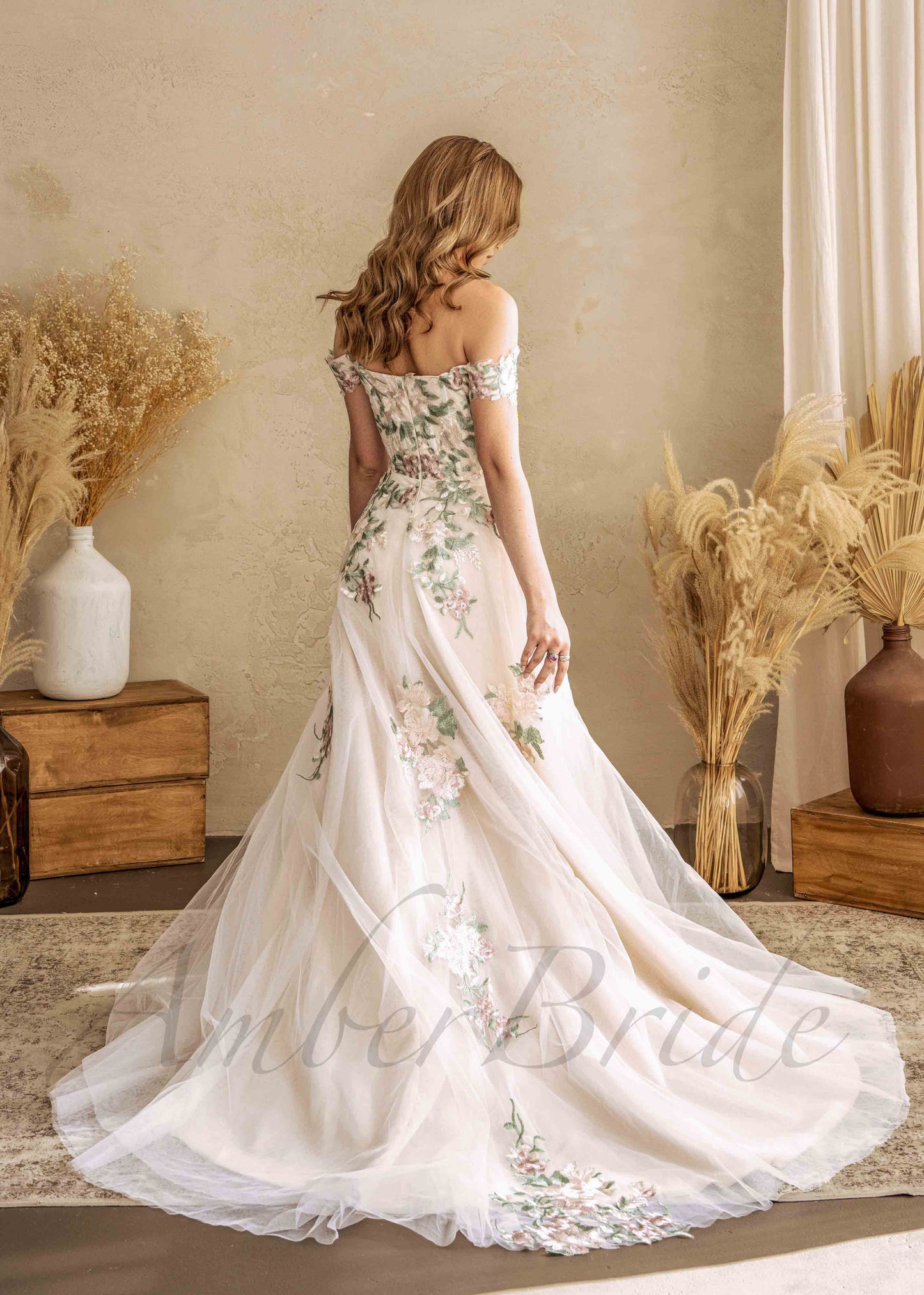 Colorful A Line Off Shoulder Wedding Dress with Embroidered Flowers
