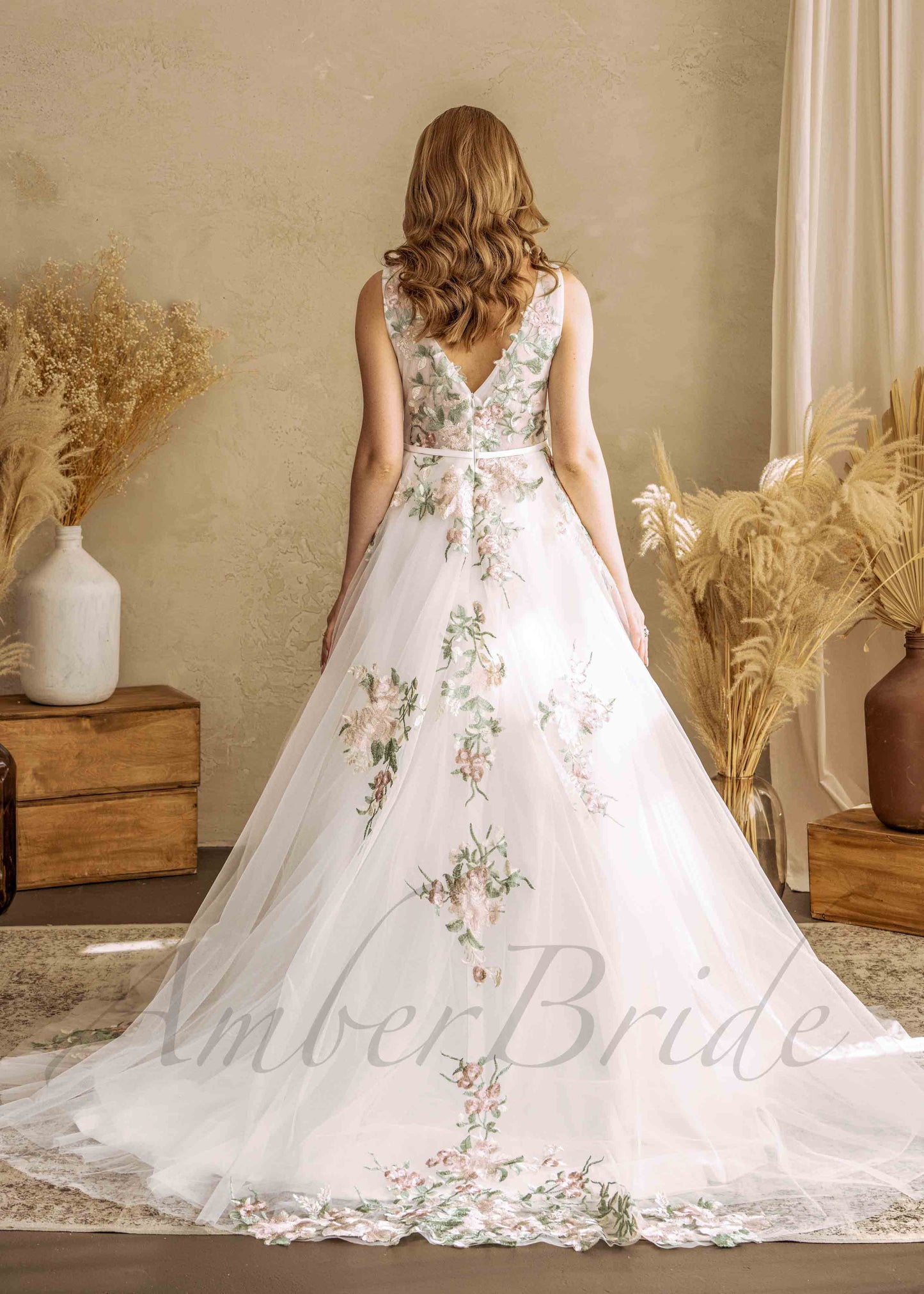 Colorful A Line Wedding Dress with Flowers and V Neckline