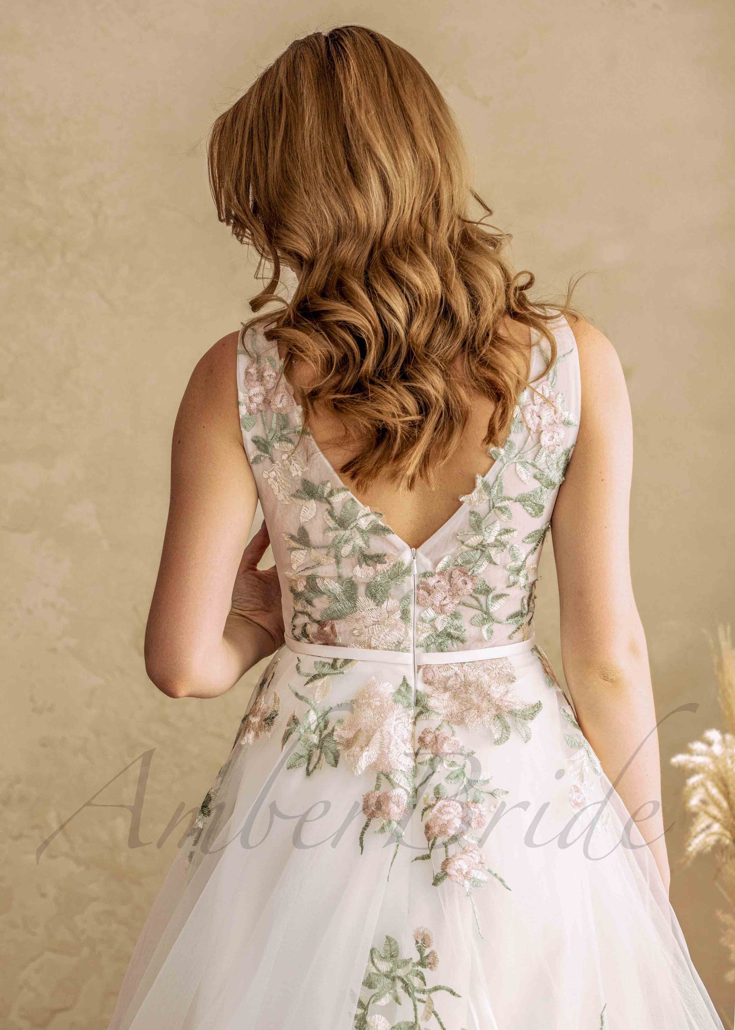 Colorful A Line Wedding Dress with Flowers and V Neckline