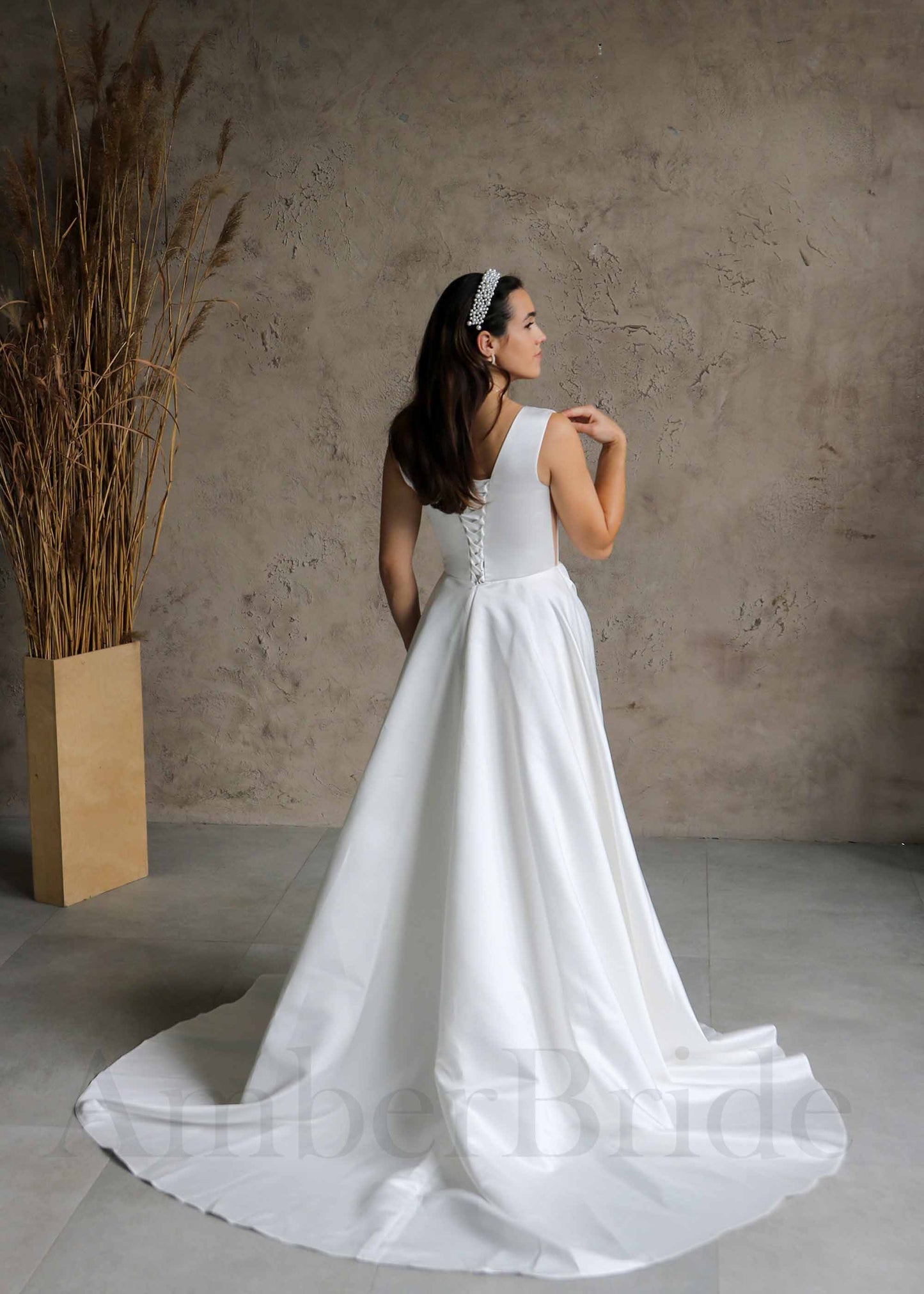 Minimalist A Line Satin Wedding Dress with Deep V Neck