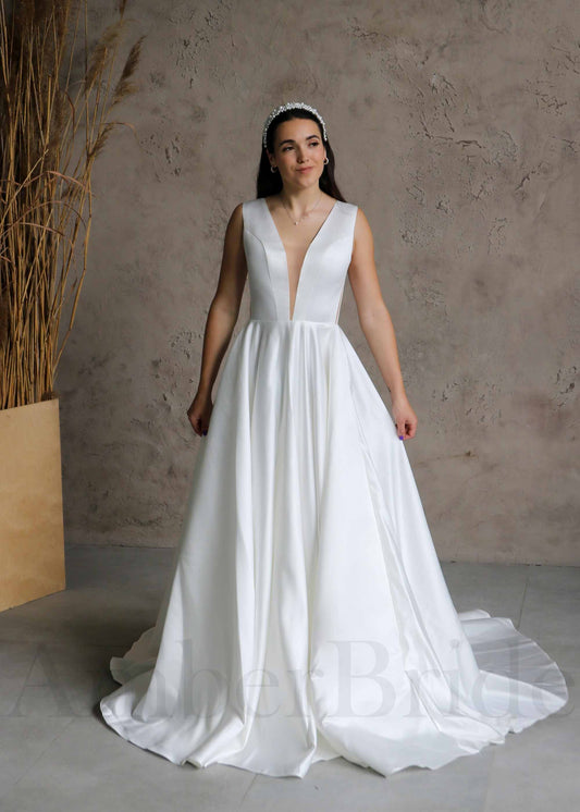 Minimalist A Line Satin Wedding Dress with Deep V Neck