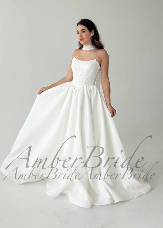 Strapless Ball Gown Satin Wedding Dress with Basque Waistline