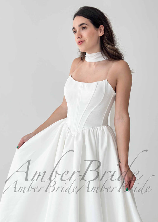 Strapless Ball Gown Satin Wedding Dress with Basque Waistline – side view | AmberBride