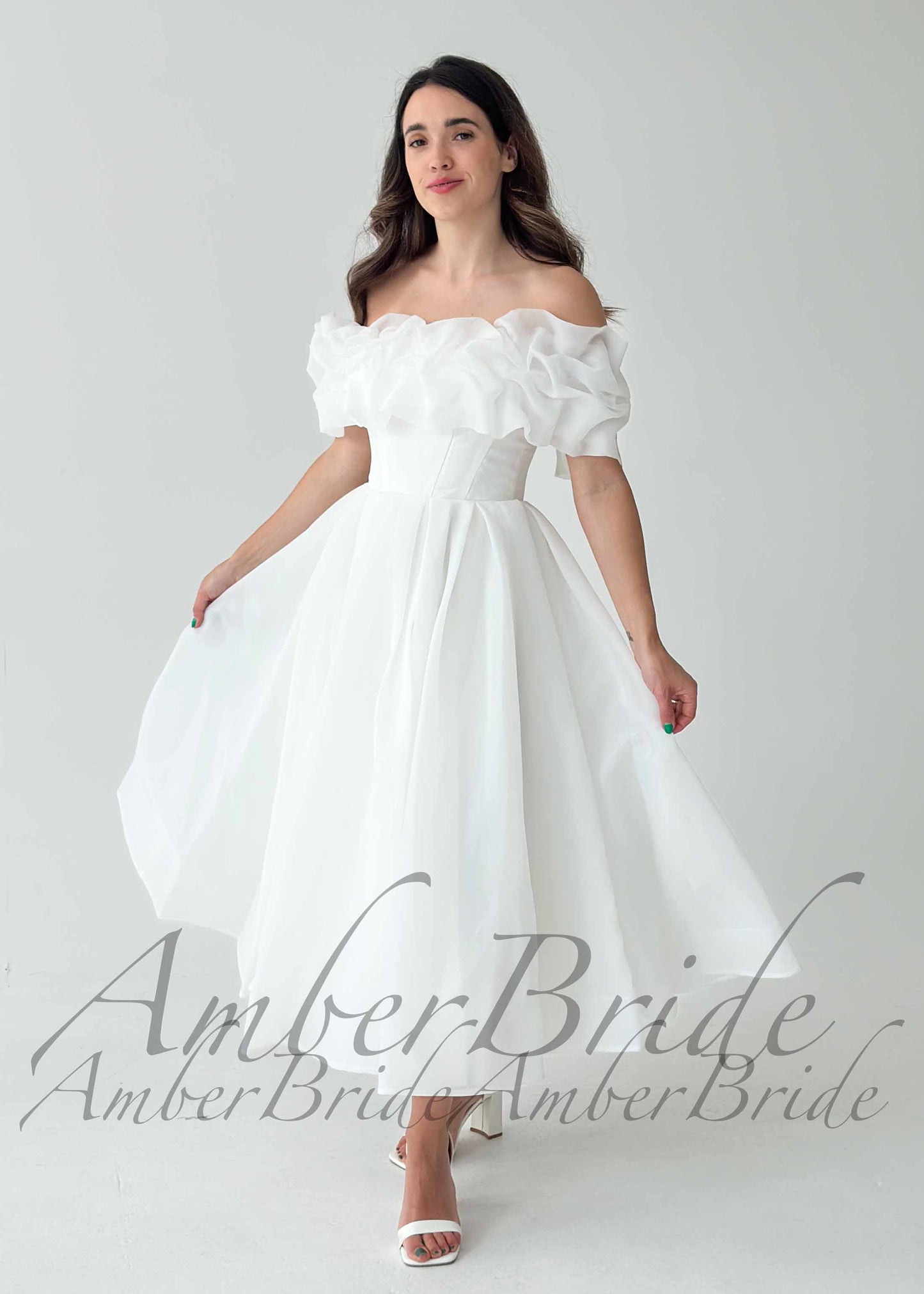 Ruffled Neckline Off Shoulder Organza Tea Length Dress
