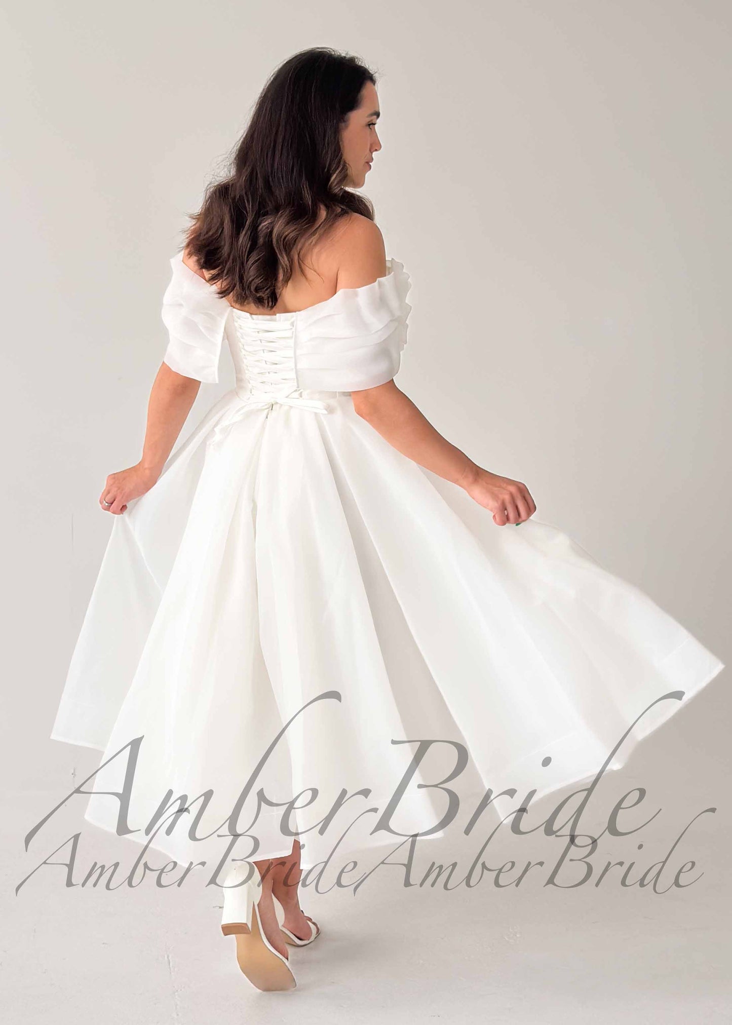 Ruffled Neckline Off Shoulder Organza Tea Length Dress