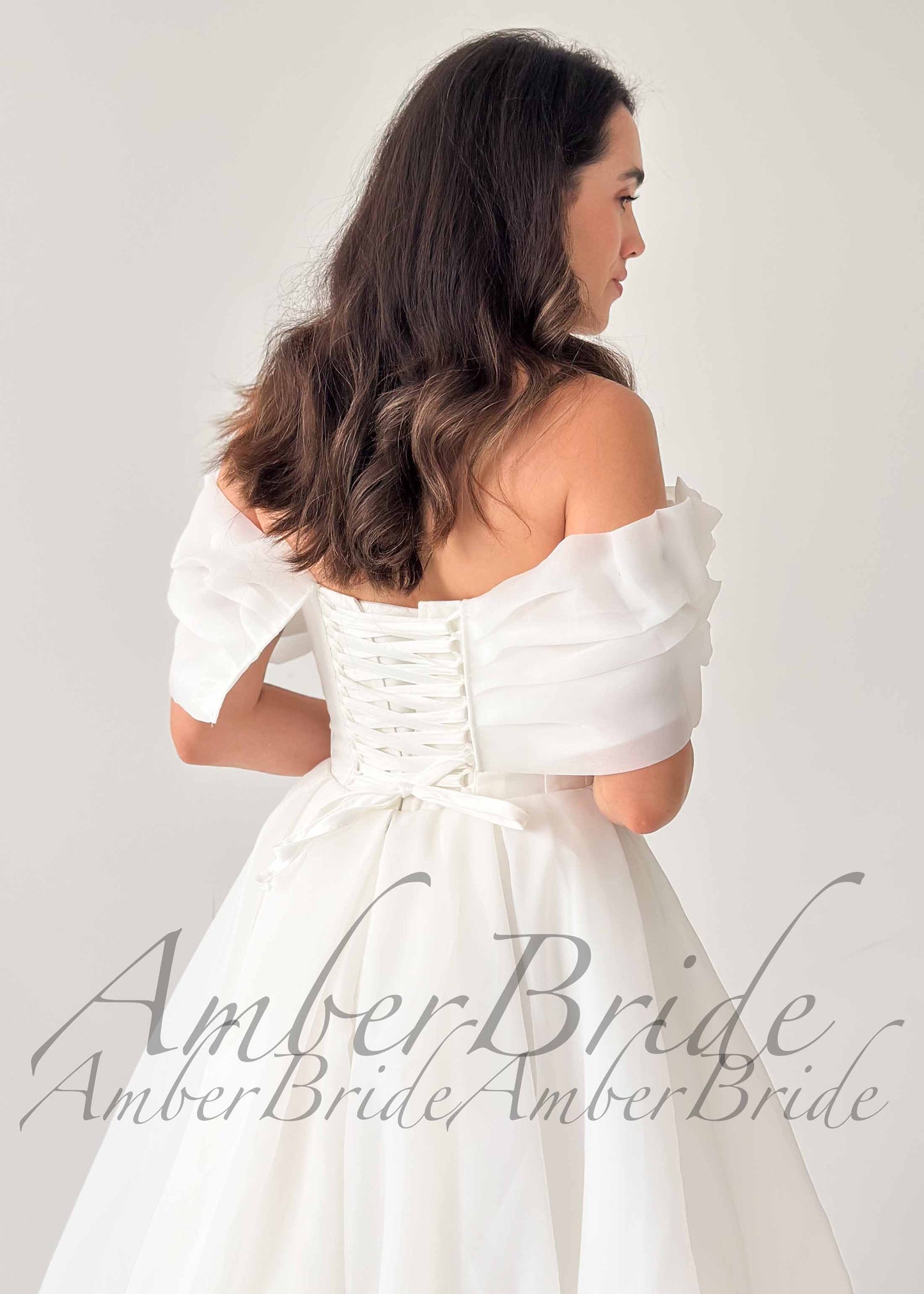 Ruffled Neckline Off Shoulder Organza Tea Length Dress