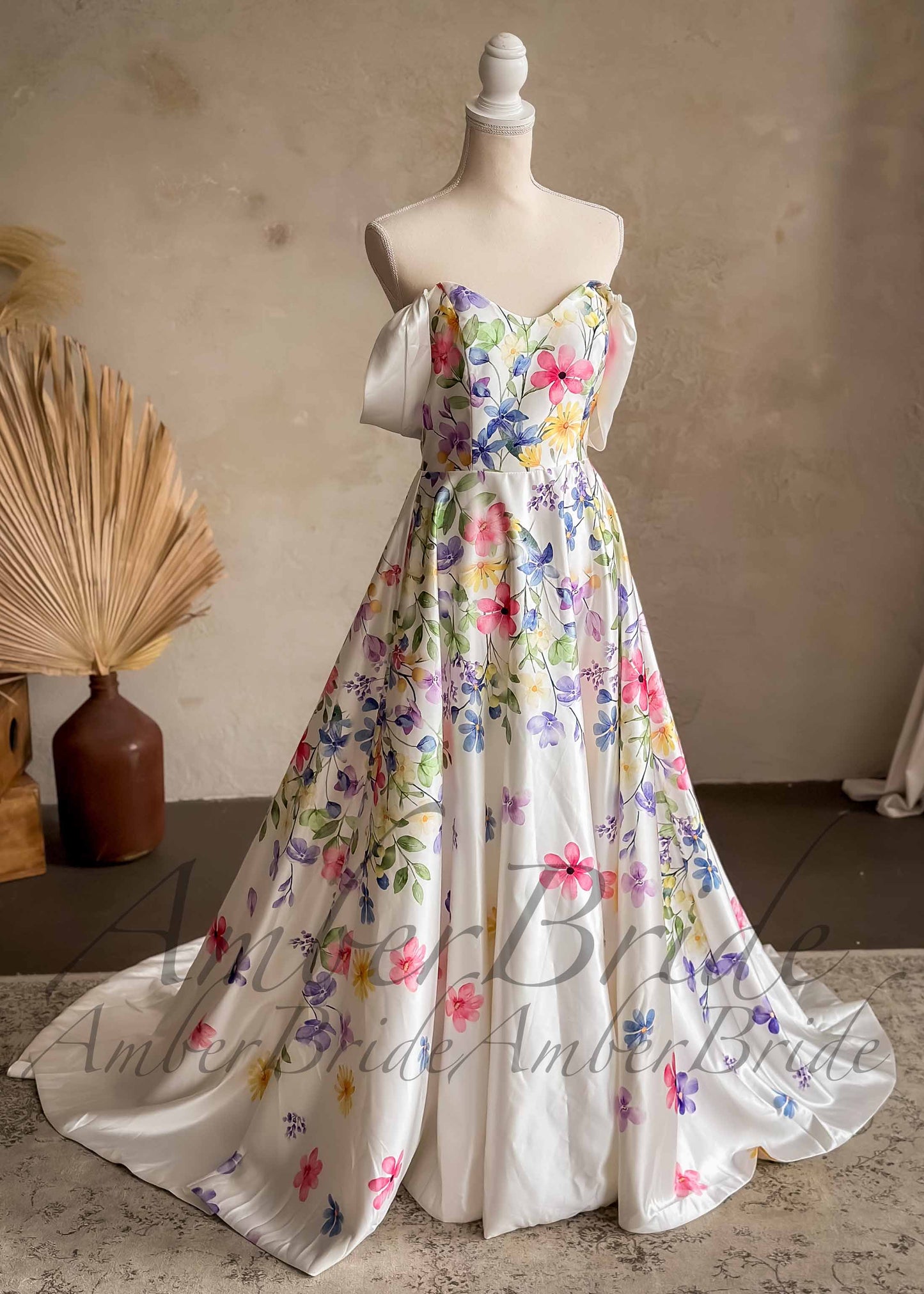 Colorful Floral Satin Wedding Dress with Detachable Off Shoulder Sleeve