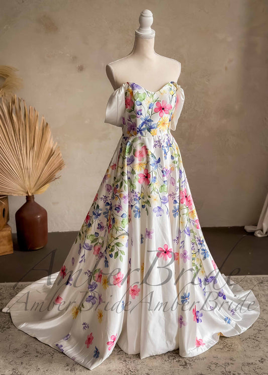 STOCK SELL-OUT: Colorful Floral Satin Wedding Dress with Detachable Off Shoulder Sleeve
