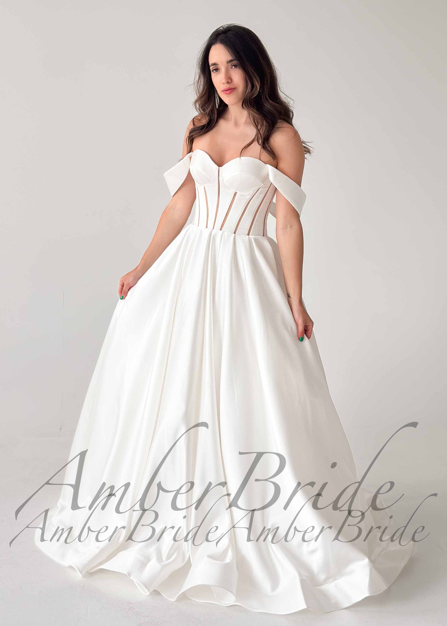 Modern Satin A Line Wedding Dress with Off Shoulder Sleeve