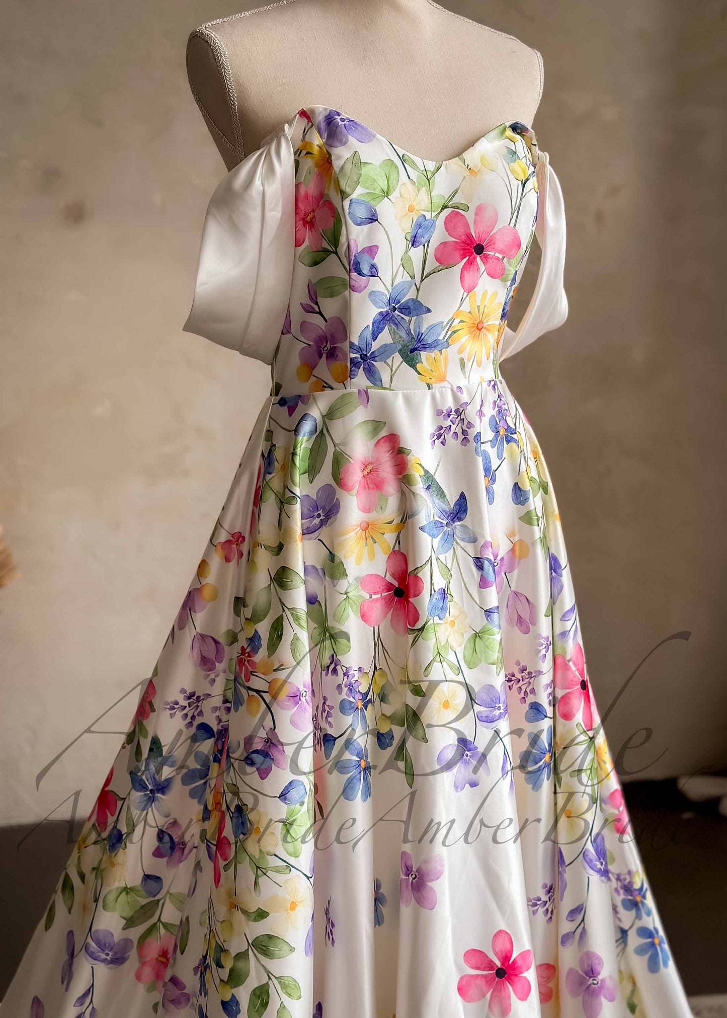 Colorful Floral Satin Wedding Dress with Detachable Off Shoulder Sleeve