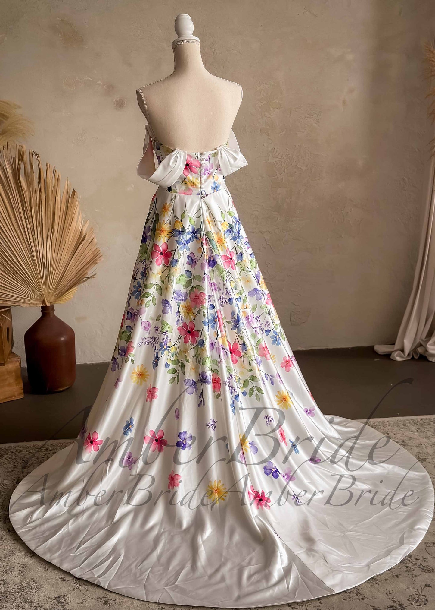 Colorful Floral Satin Wedding Dress with Detachable Off Shoulder Sleeve