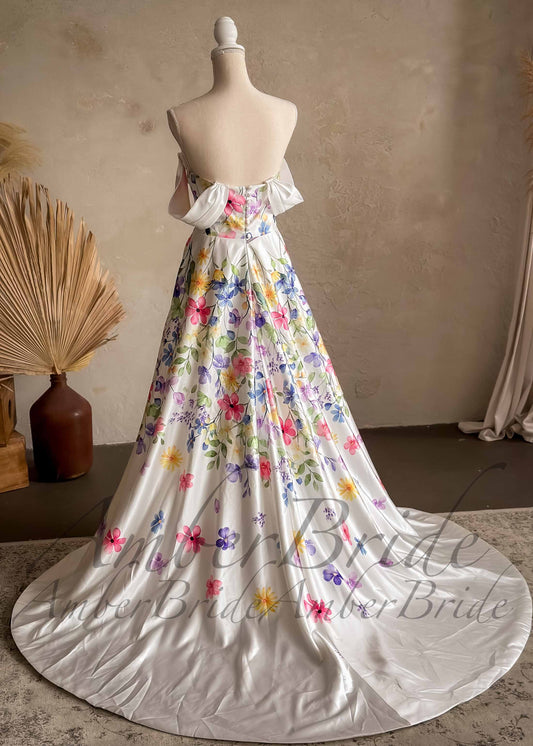 Colorful Floral Satin Wedding Dress with Detachable Off-Shoulder Sleeves – back view, on dress form | AmberBride