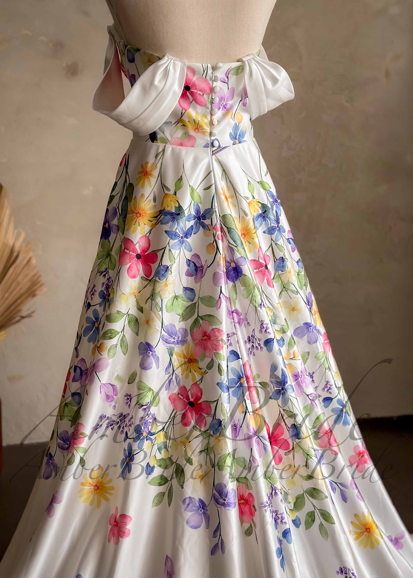 Colorful Floral Satin Wedding Dress with Detachable Off Shoulder Sleeve