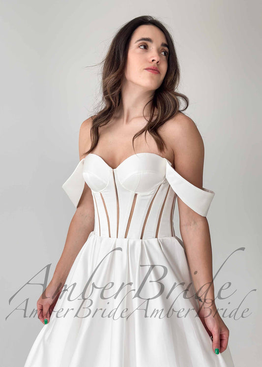 Modern Satin A-Line Wedding Dress with Off-Shoulder Sleeves – back view | AmberBride