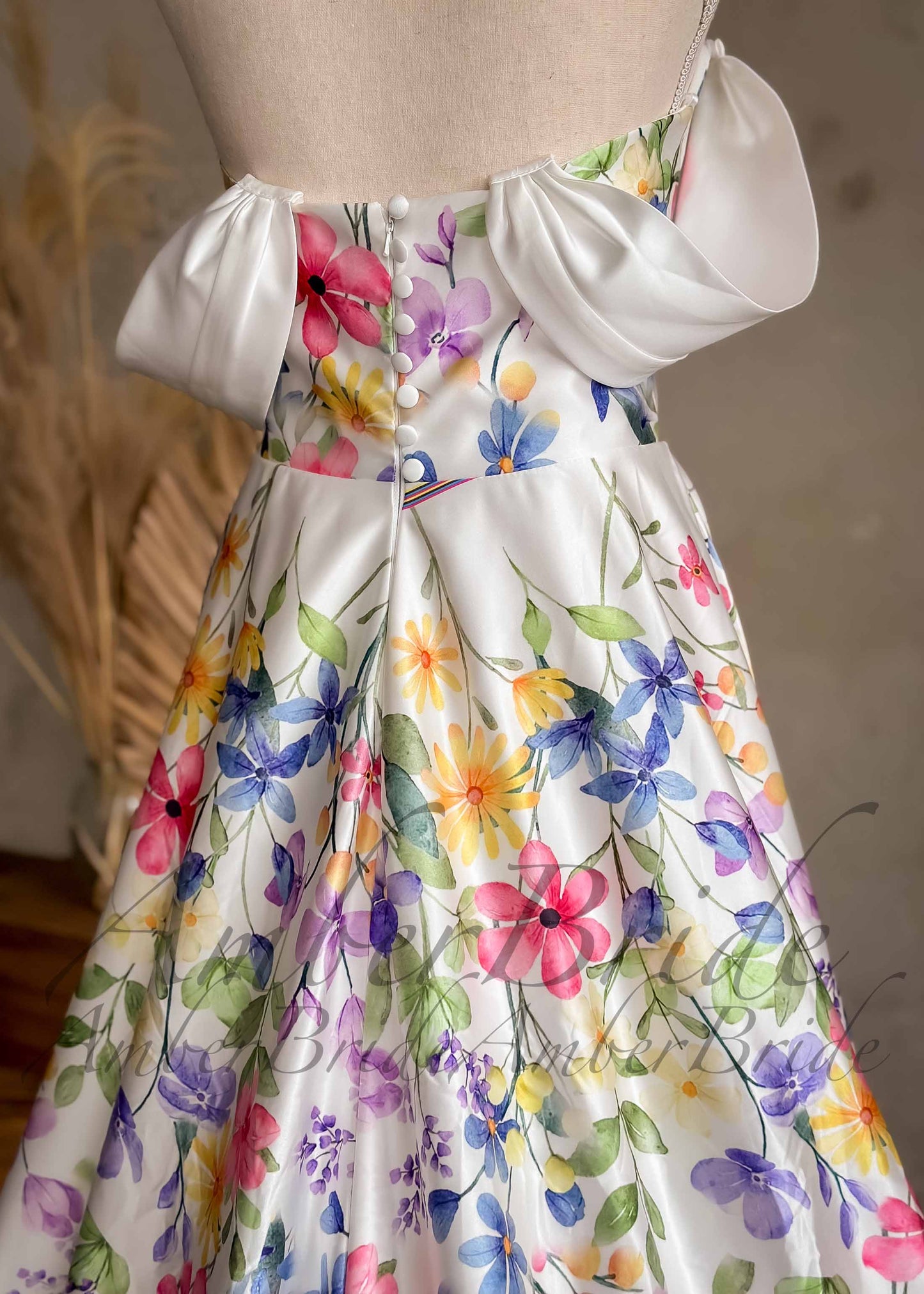 Colorful Floral Satin Wedding Dress with Detachable Off-Shoulder Sleeves – front view, full length | AmberBride