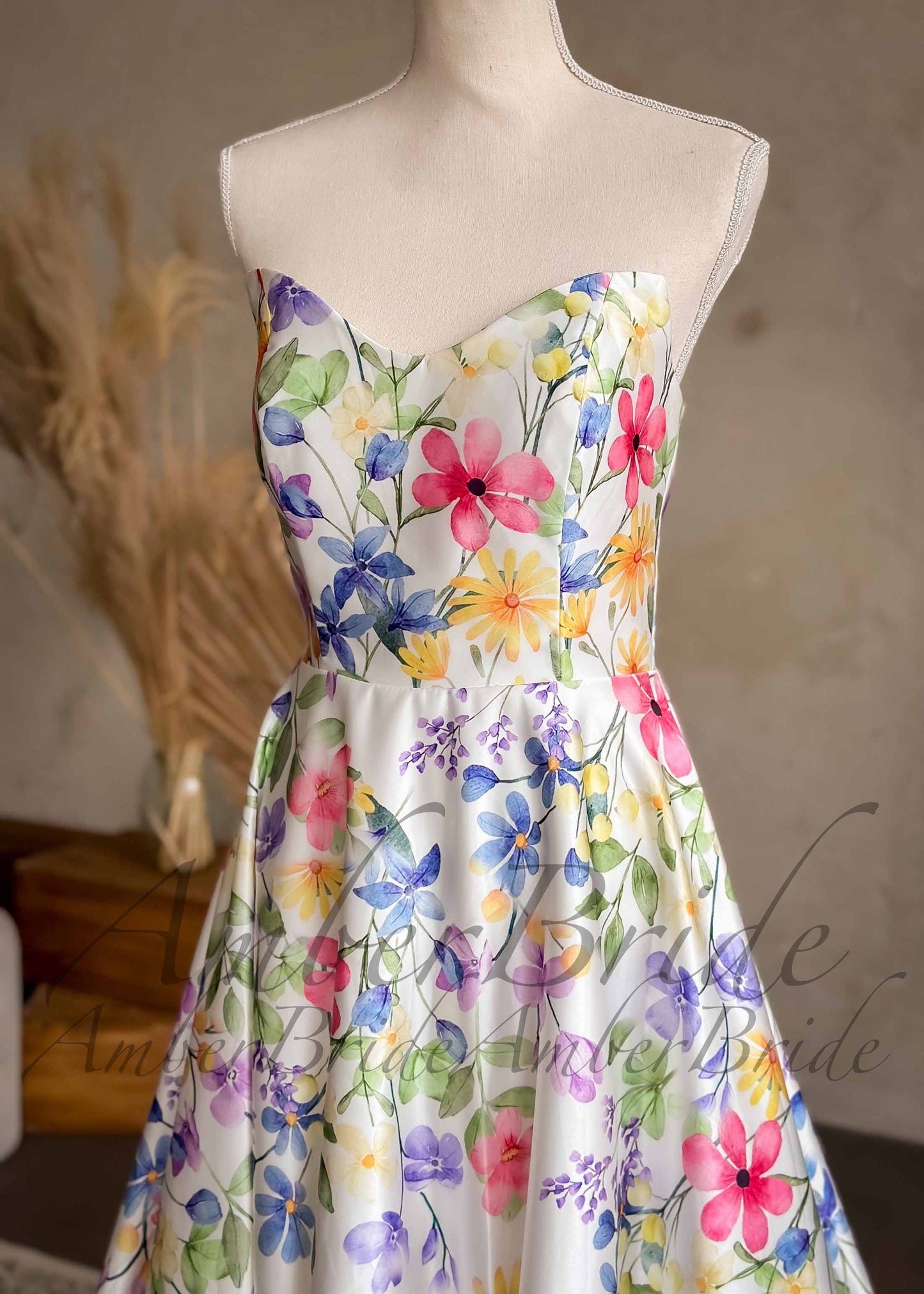 Colorful Floral Satin Wedding Dress with Detachable Off Shoulder Sleeve