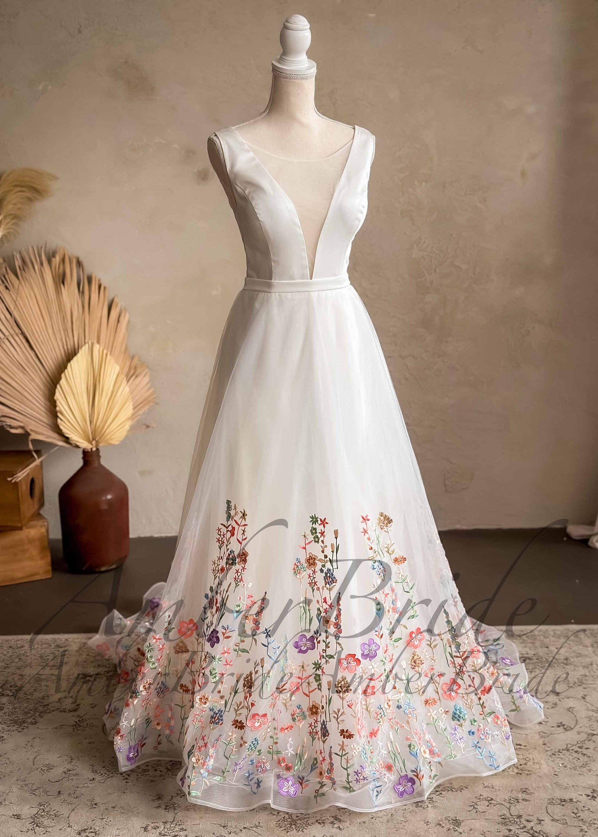 STOCK SELL-OUT: Romantic Satin Wedding Dress with Floral Organza Skirt