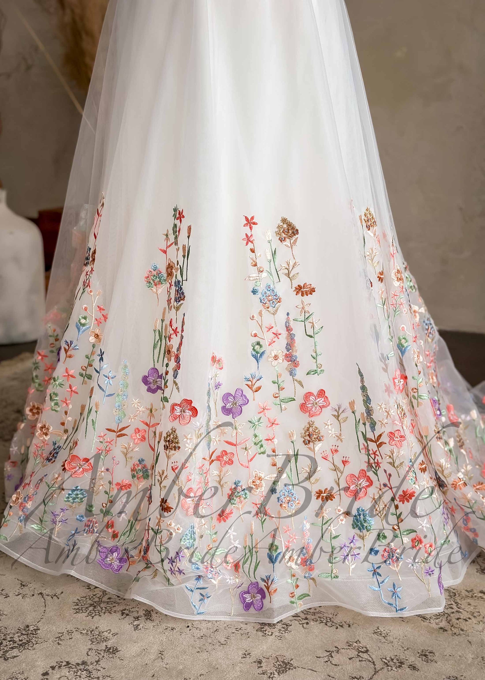 STOCK SELL-OUT: Romantic Satin Wedding Dress with Floral Organza Skirt