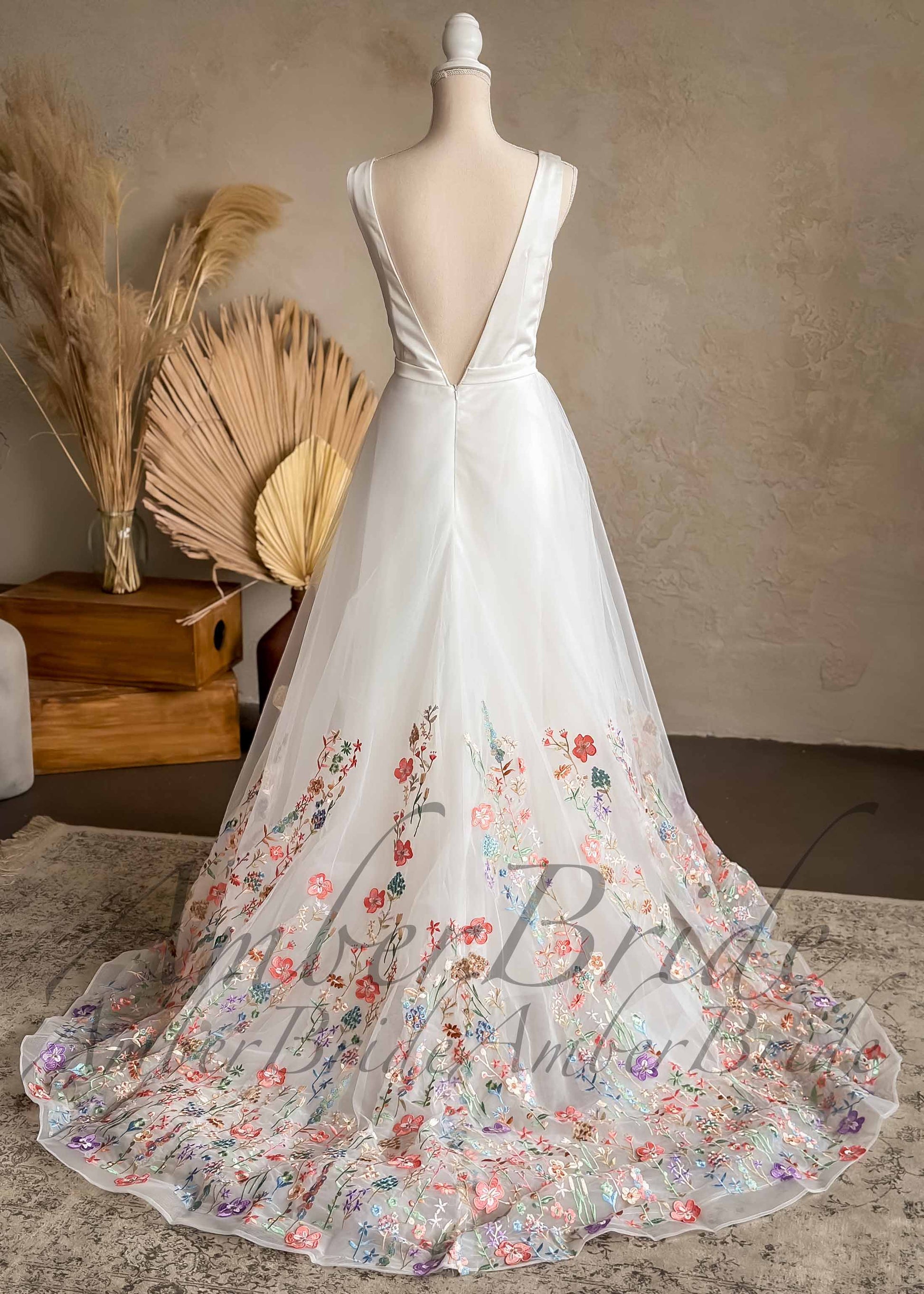 STOCK SELL-OUT: Romantic Satin Wedding Dress with Floral Organza Skirt