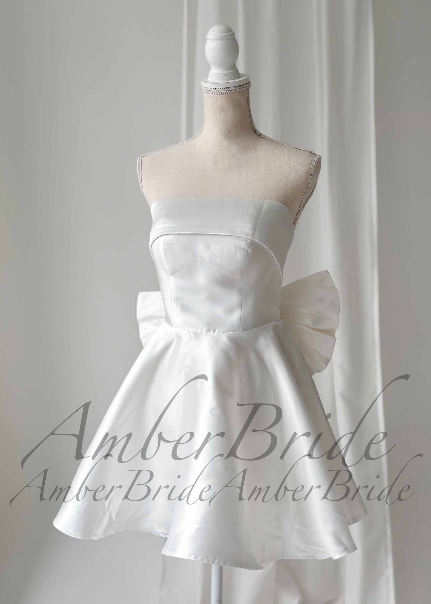 Short Strapless Satin Wedding Dress with Detachable Bow