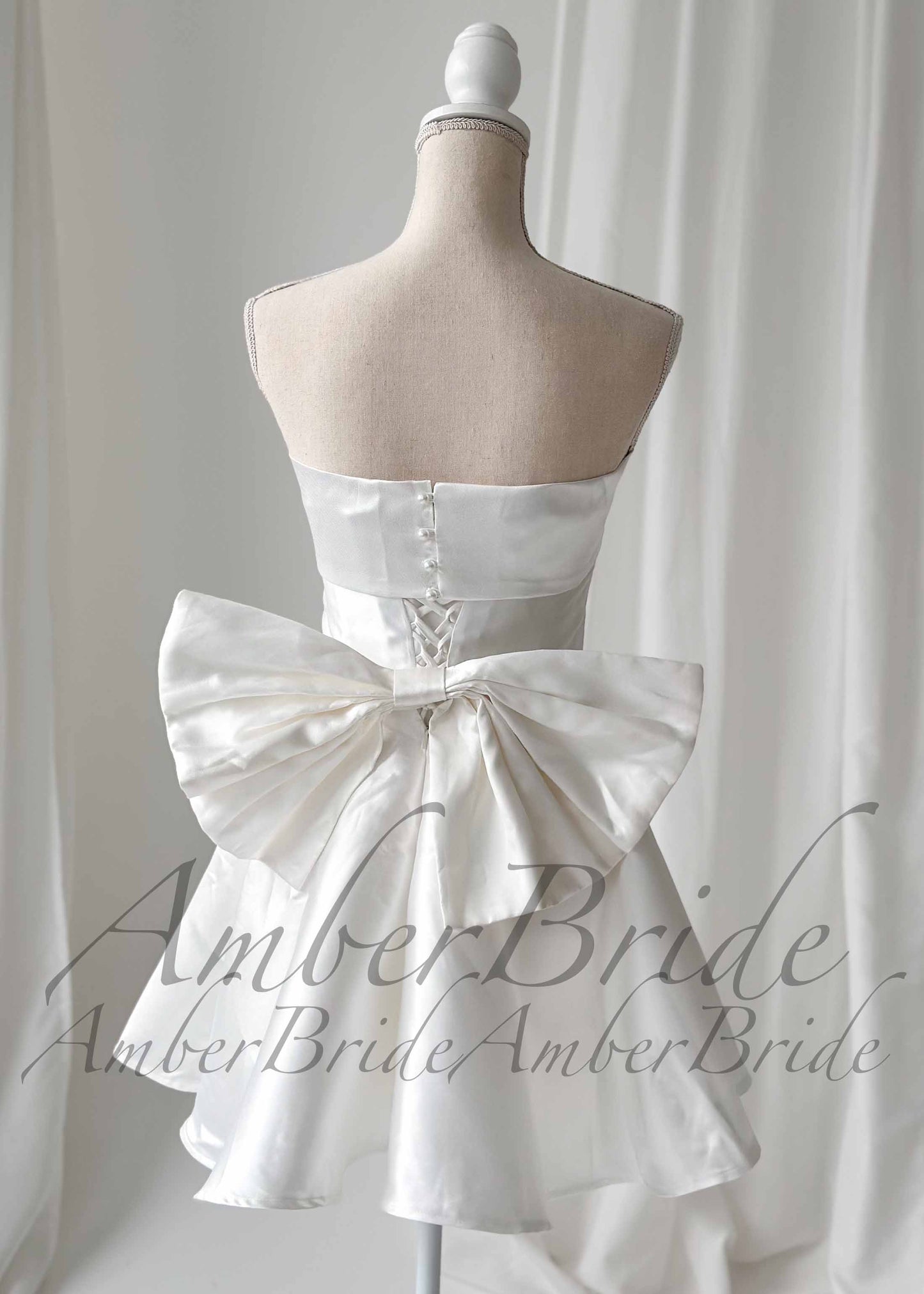 Short Strapless Satin Wedding Dress with Detachable Bow