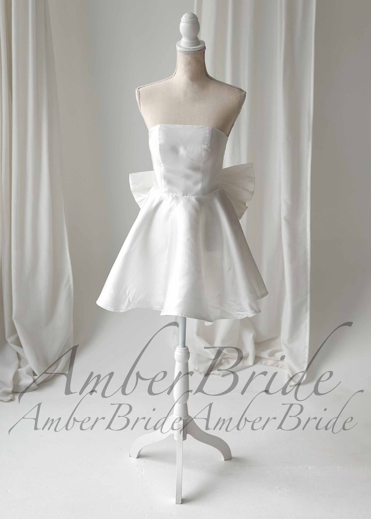 Short Strapless Satin Wedding Dress with Detachable Bow
