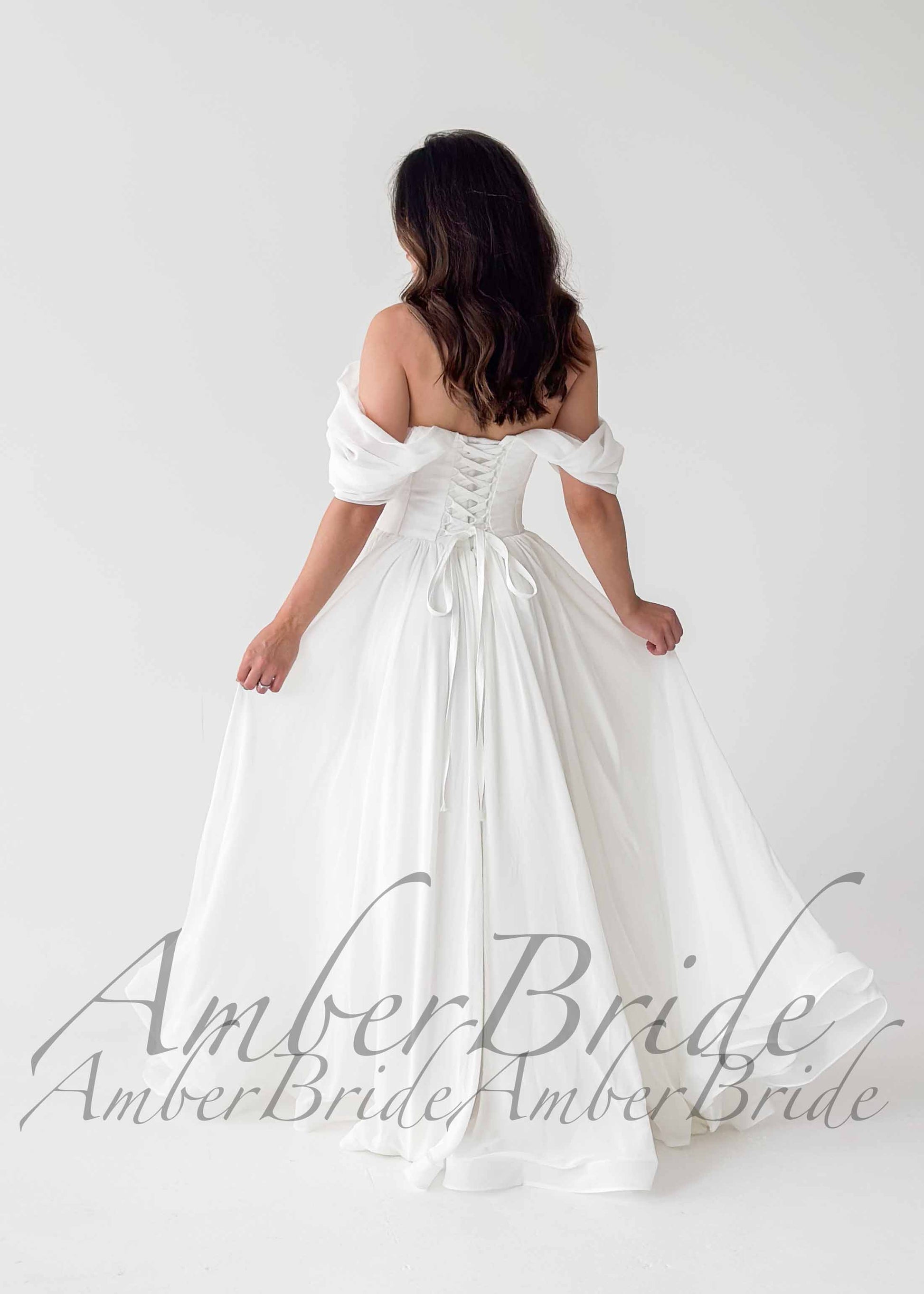 STOCK SELL-OUT: Simple Off Shoulder Chiffon Wedding Dress with Flowy A Line Silhouette