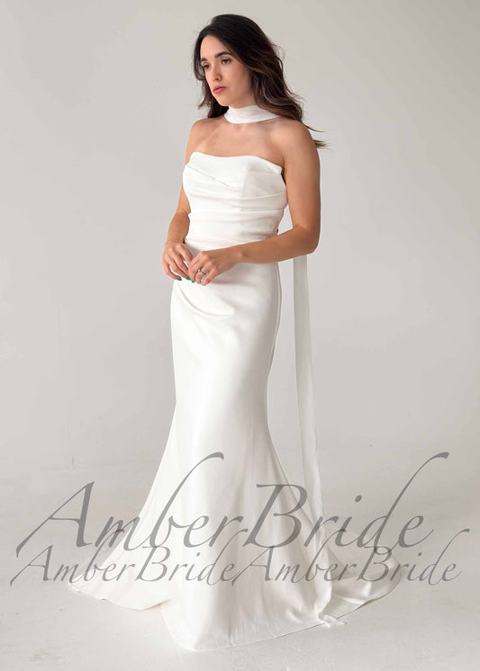 Strapless Mermaid Satin Wedding Dress with Draped Bodice
