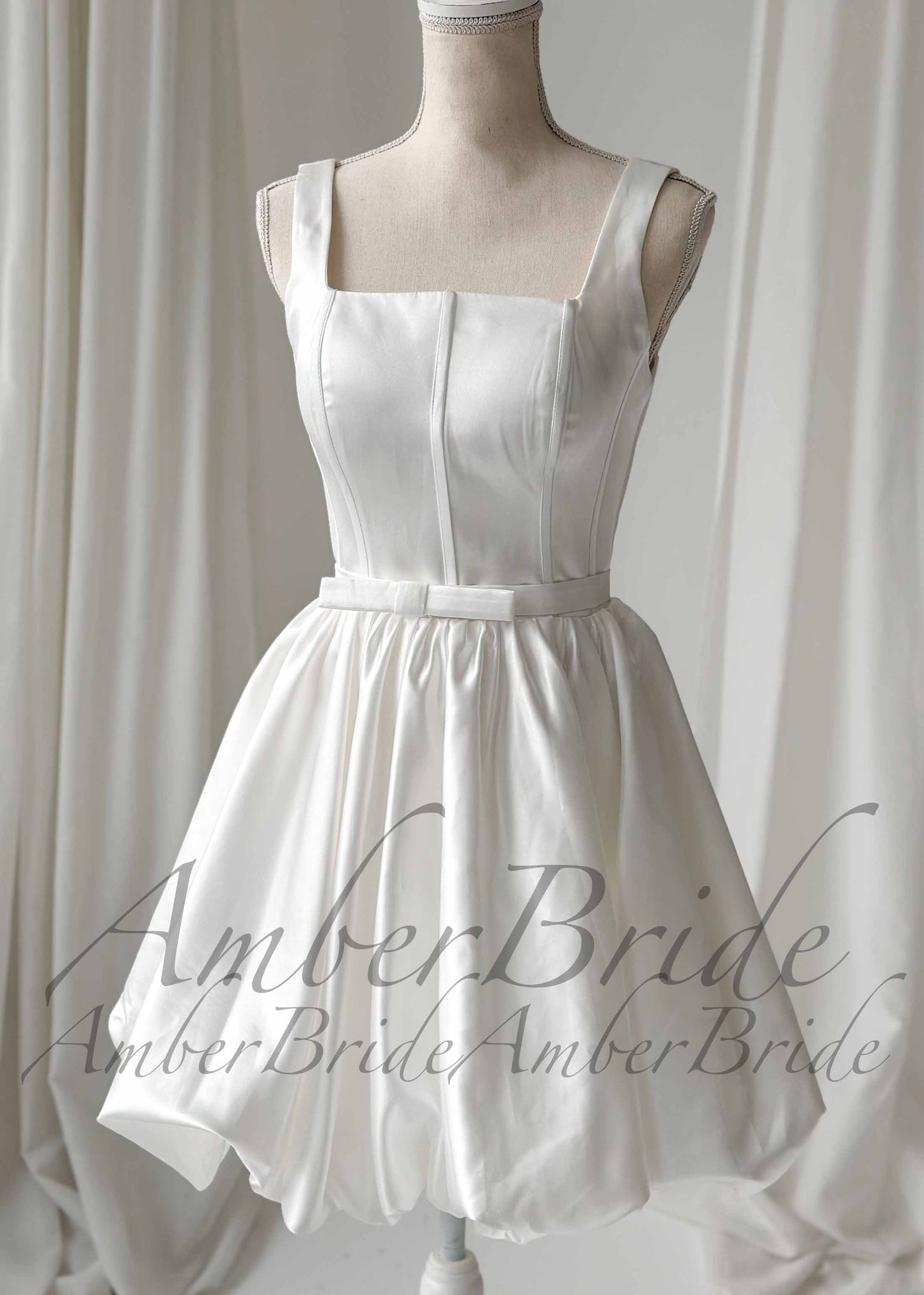 Satin Square Neck Bubble Hem Short Wedding Dress