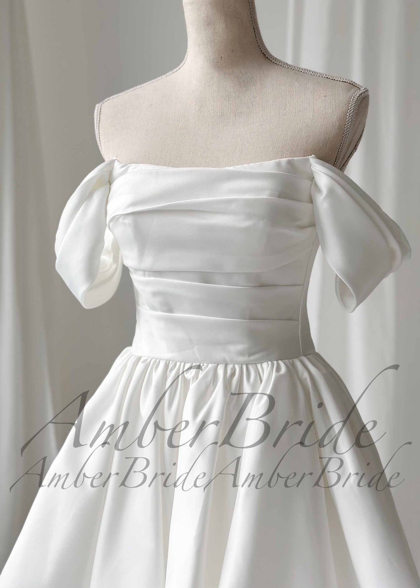 Satin Knee Length Wedding Dress with Off-Shoulder Sleeves and Layered Bodice