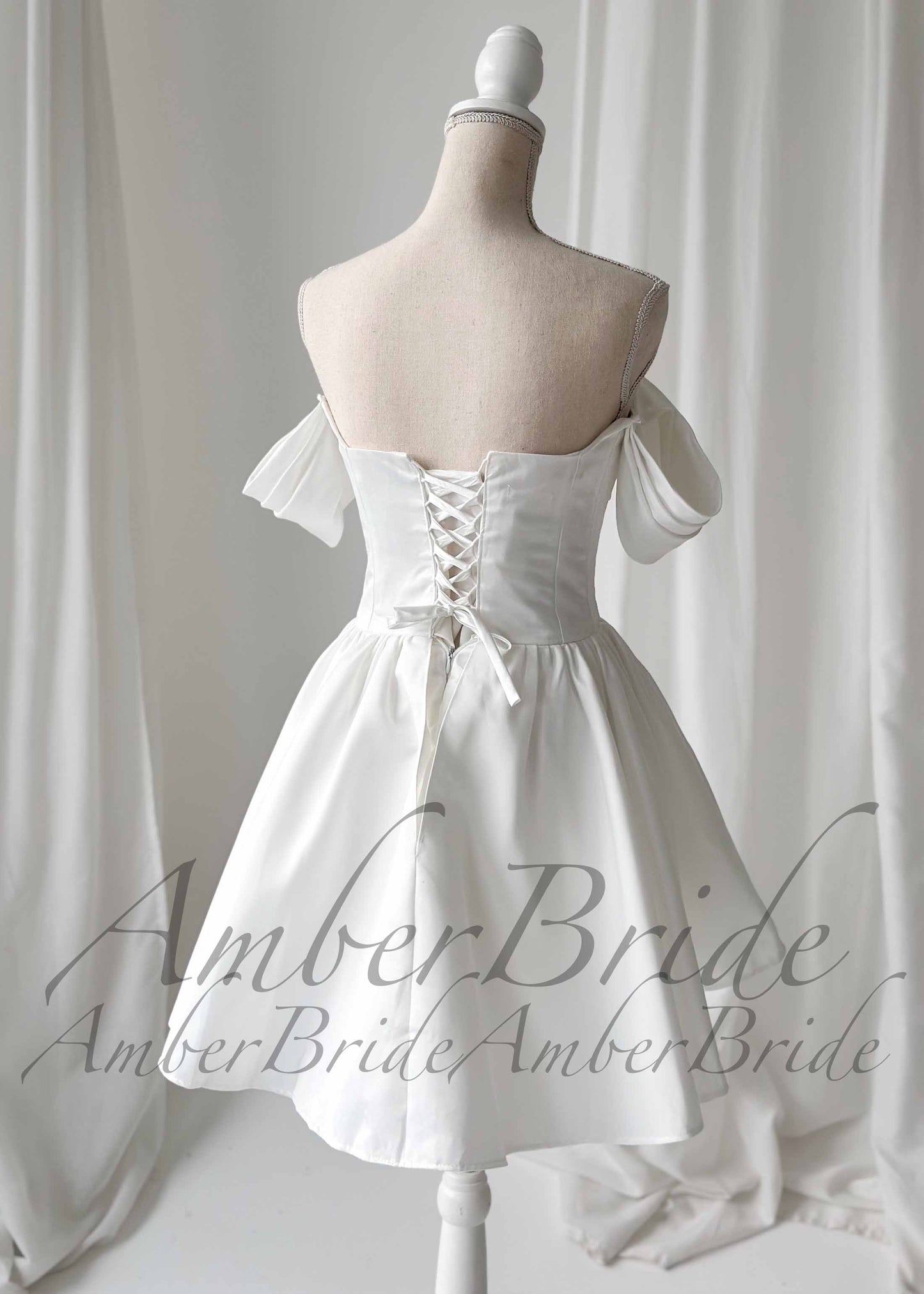 Satin Knee Length Wedding Dress with Off-Shoulder Sleeves and Layered Bodice