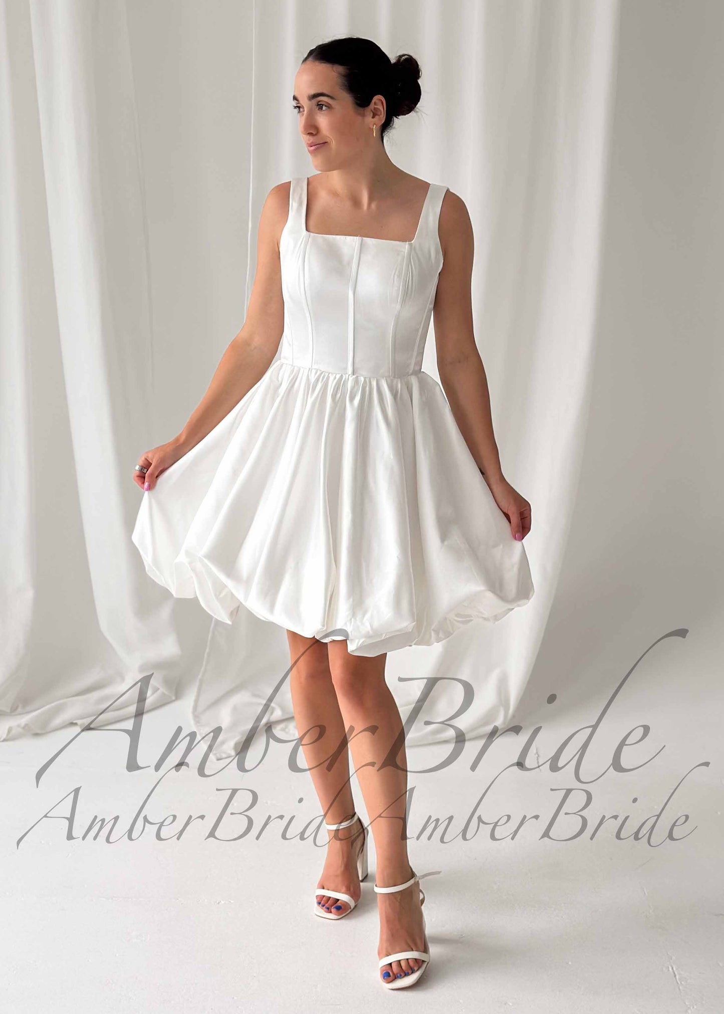 Satin Square Neck Bubble Hem Short Wedding Dress
