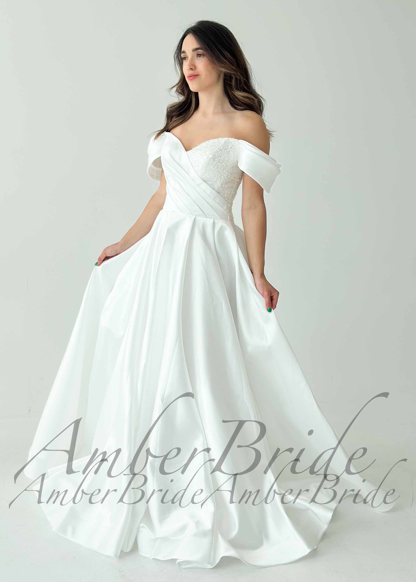 STOCK SELL-OUT: Satin Wedding Dress with Off-Shoulder Draping and Beaded Corset Bodice