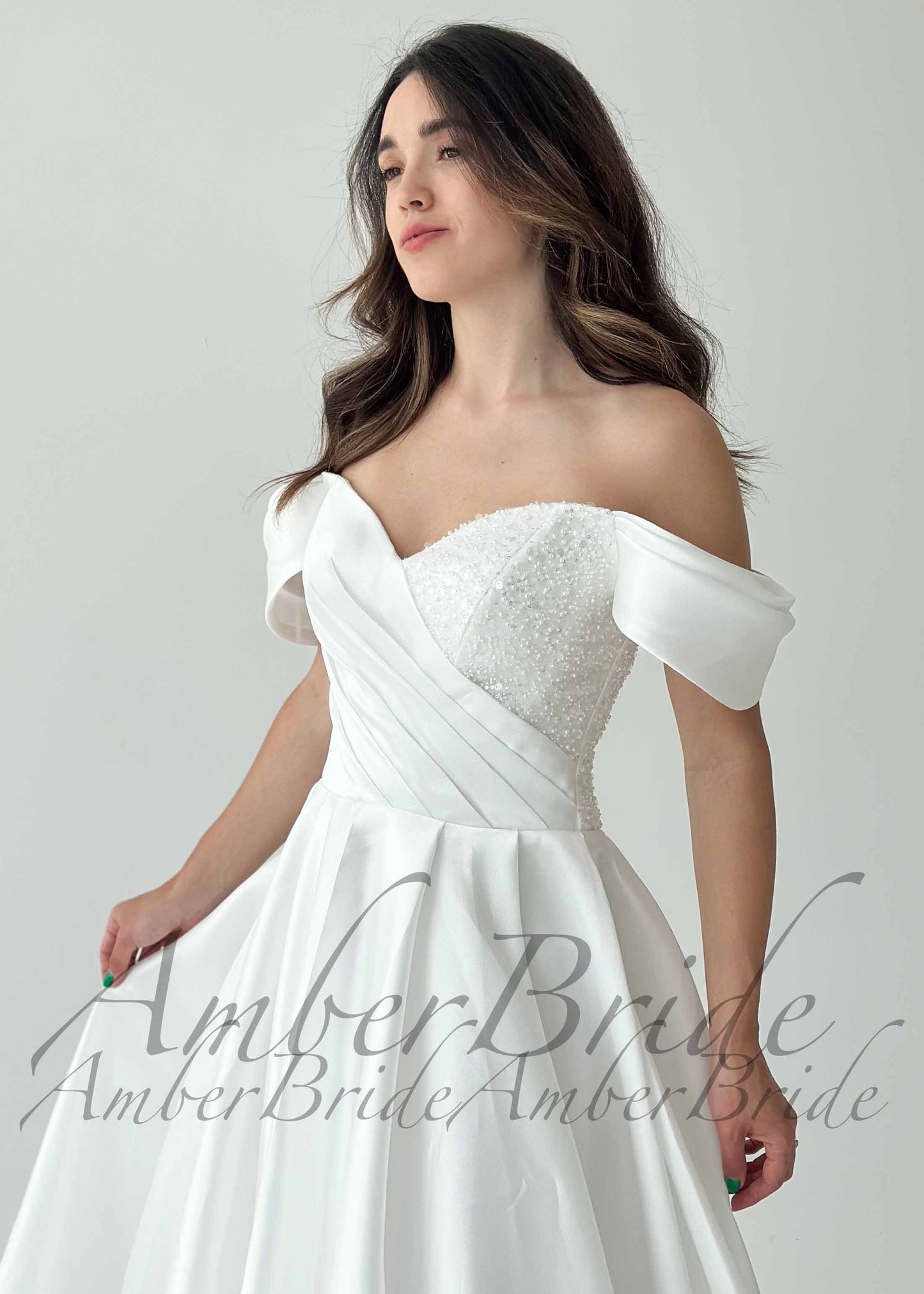 STOCK SELL-OUT: Satin Wedding Dress with Off-Shoulder Draping and Beaded Corset Bodice