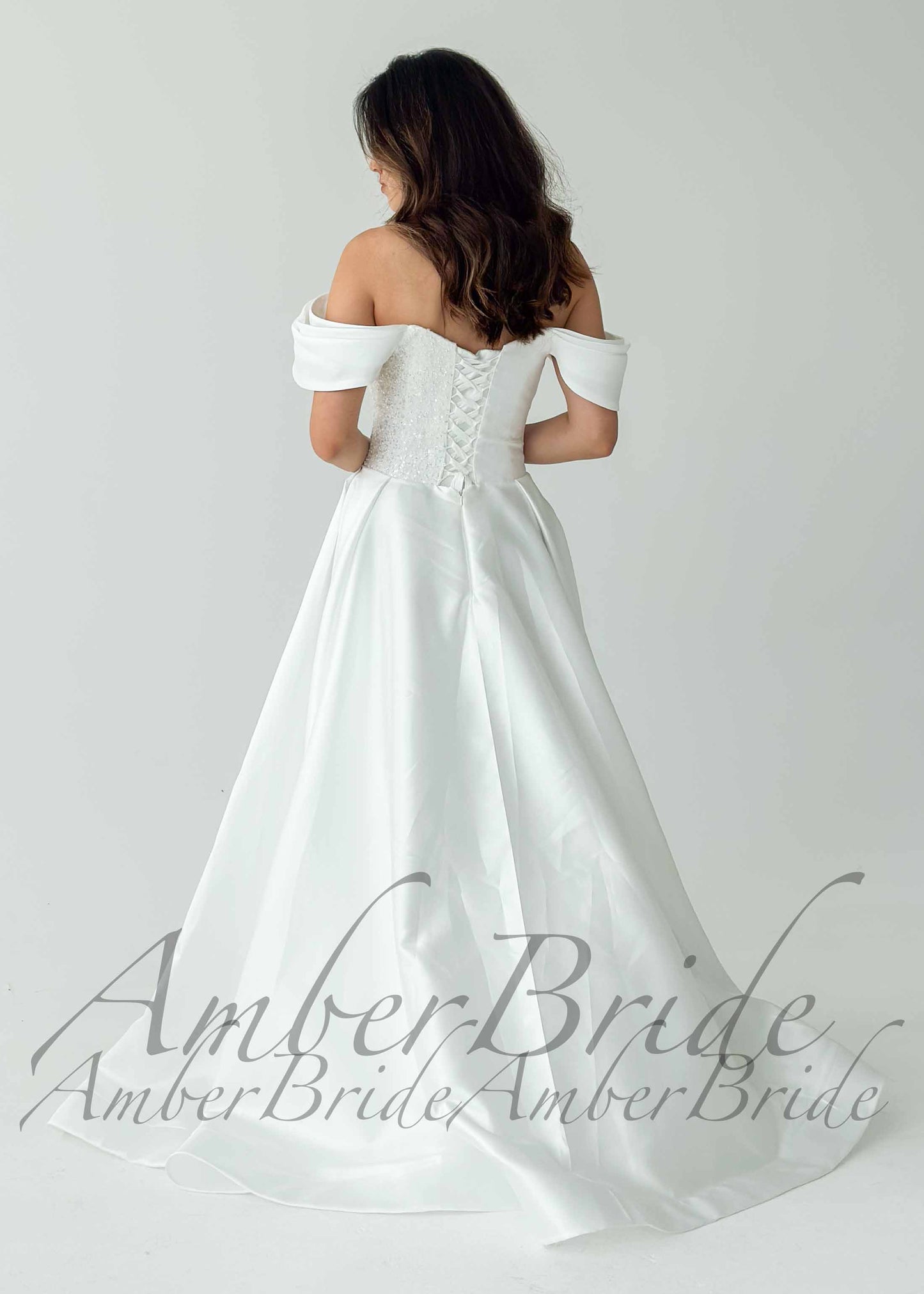 STOCK SELL-OUT: Satin Wedding Dress with Off-Shoulder Draping and Beaded Corset Bodice