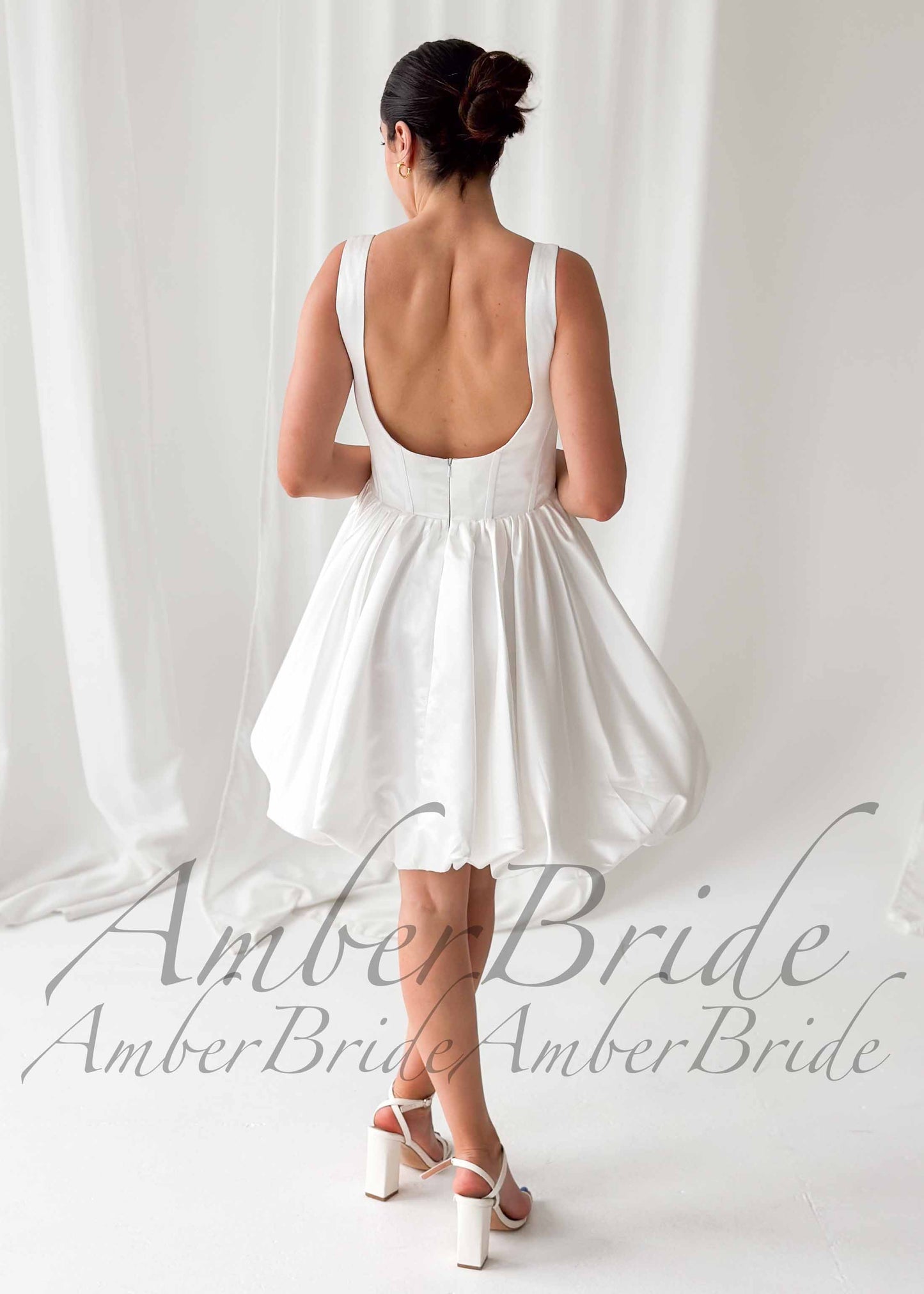 Satin Square Neck Bubble Hem Short Wedding Dress