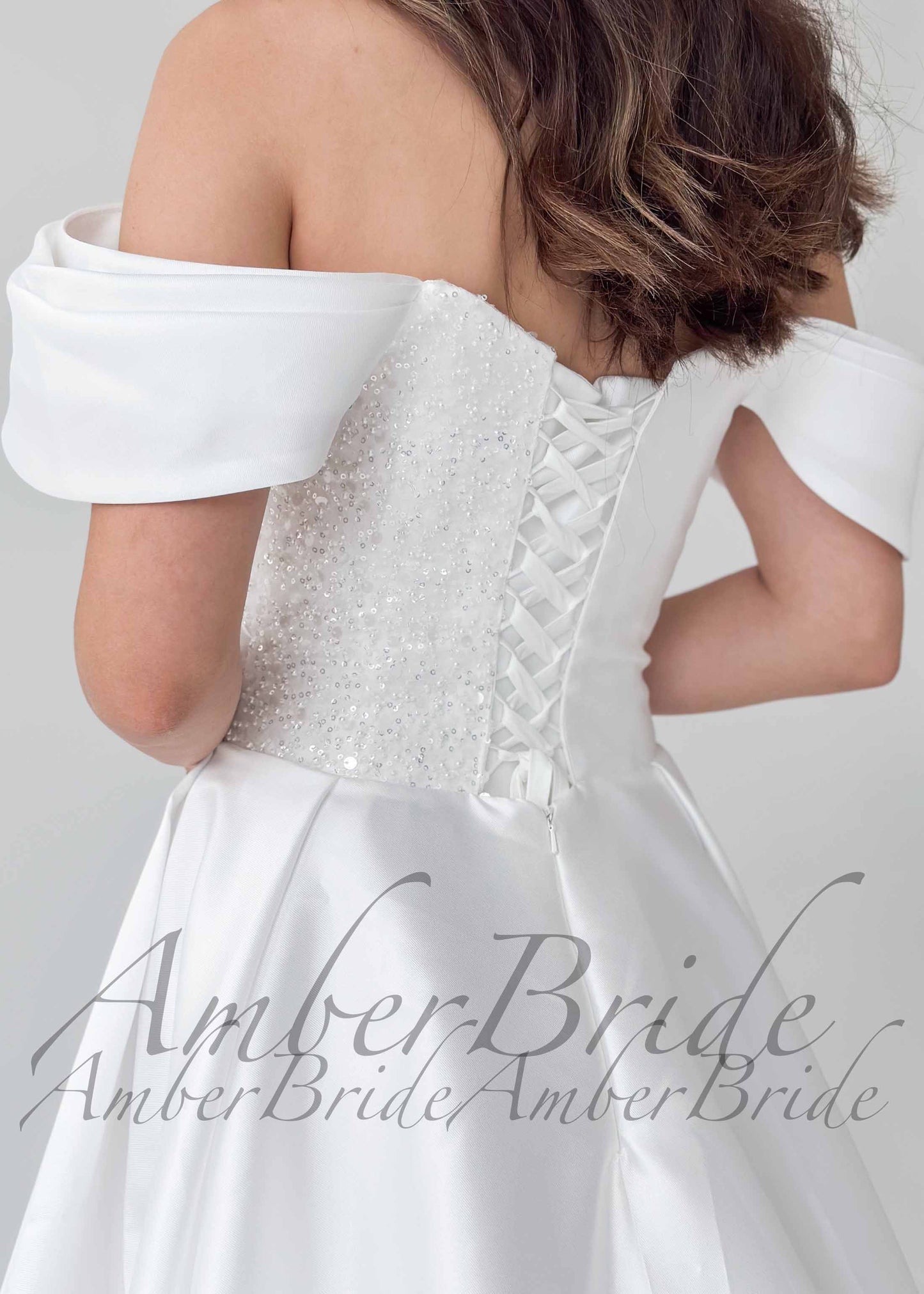 STOCK SELL-OUT: Satin Wedding Dress with Off-Shoulder Draping and Beaded Corset Bodice
